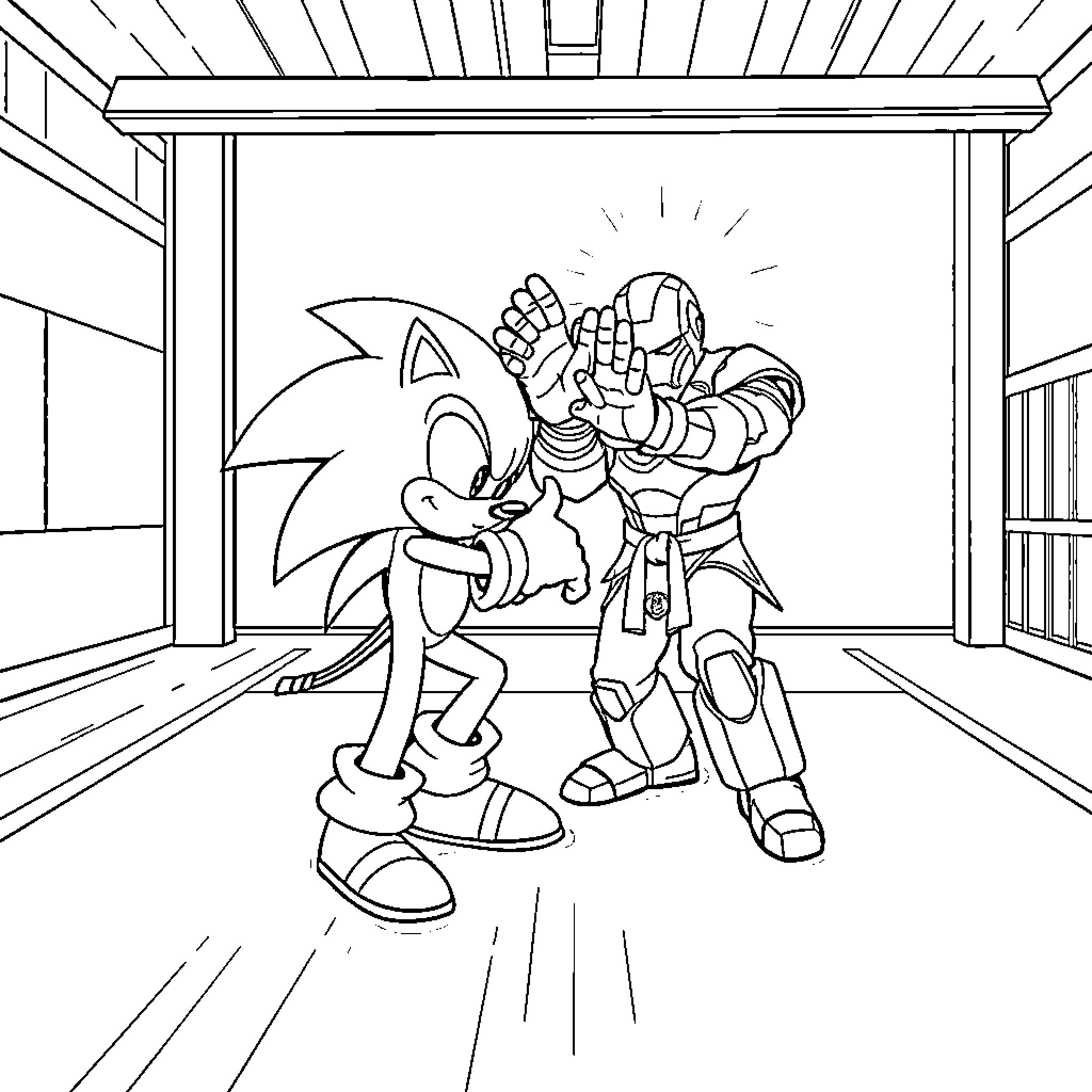 Sonic facing off against a robotic adversary Coloring Page (free black-and-white line drawing printable PDF for all, from beginners to advanced learners, including children, teens, adults, and seniors)