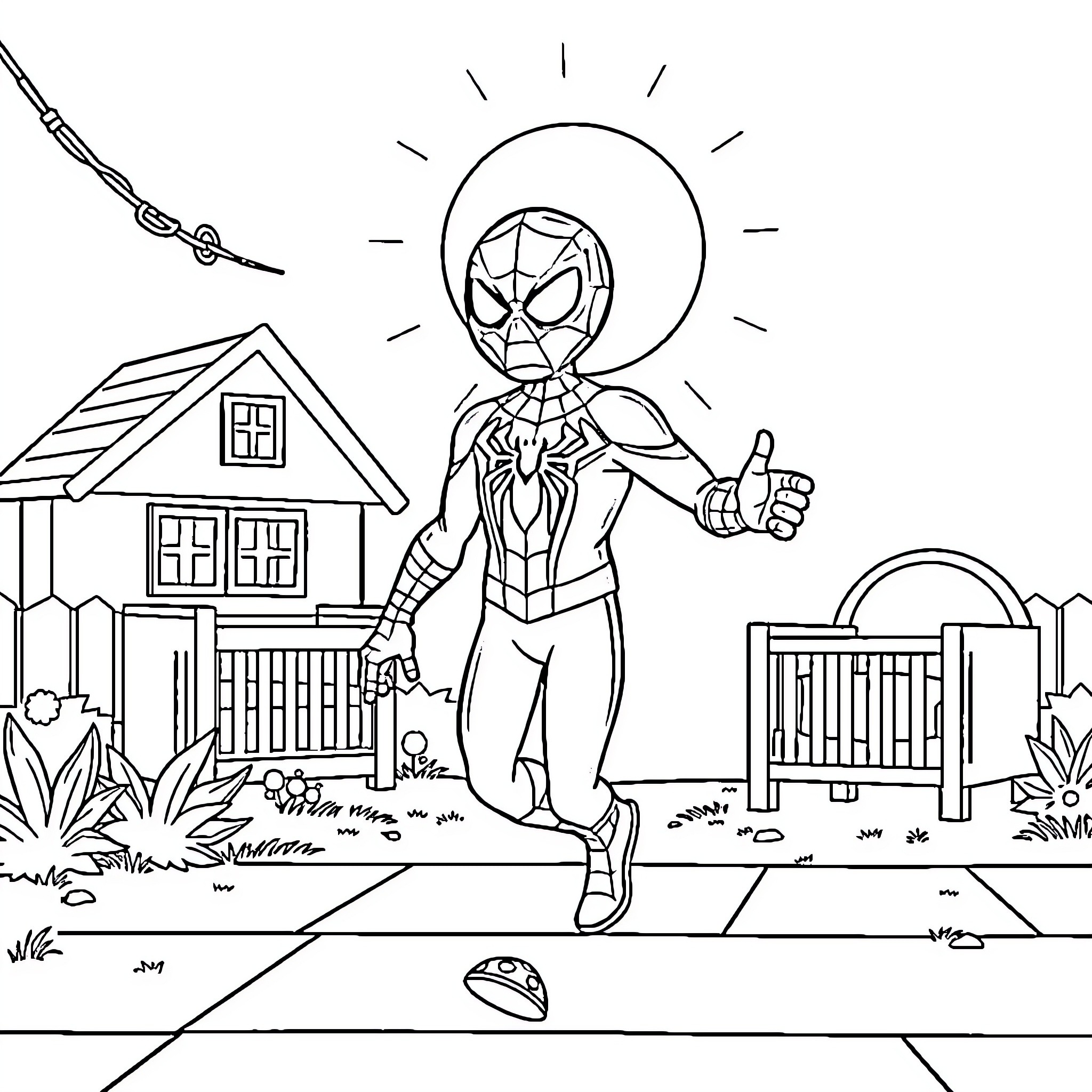 Spider-Man strikes heroic pose in neighborhood setting Coloring Page (free black-and-white line drawing printable PDF for all, from beginners to advanced learners, including children, teens, adults, and seniors)
