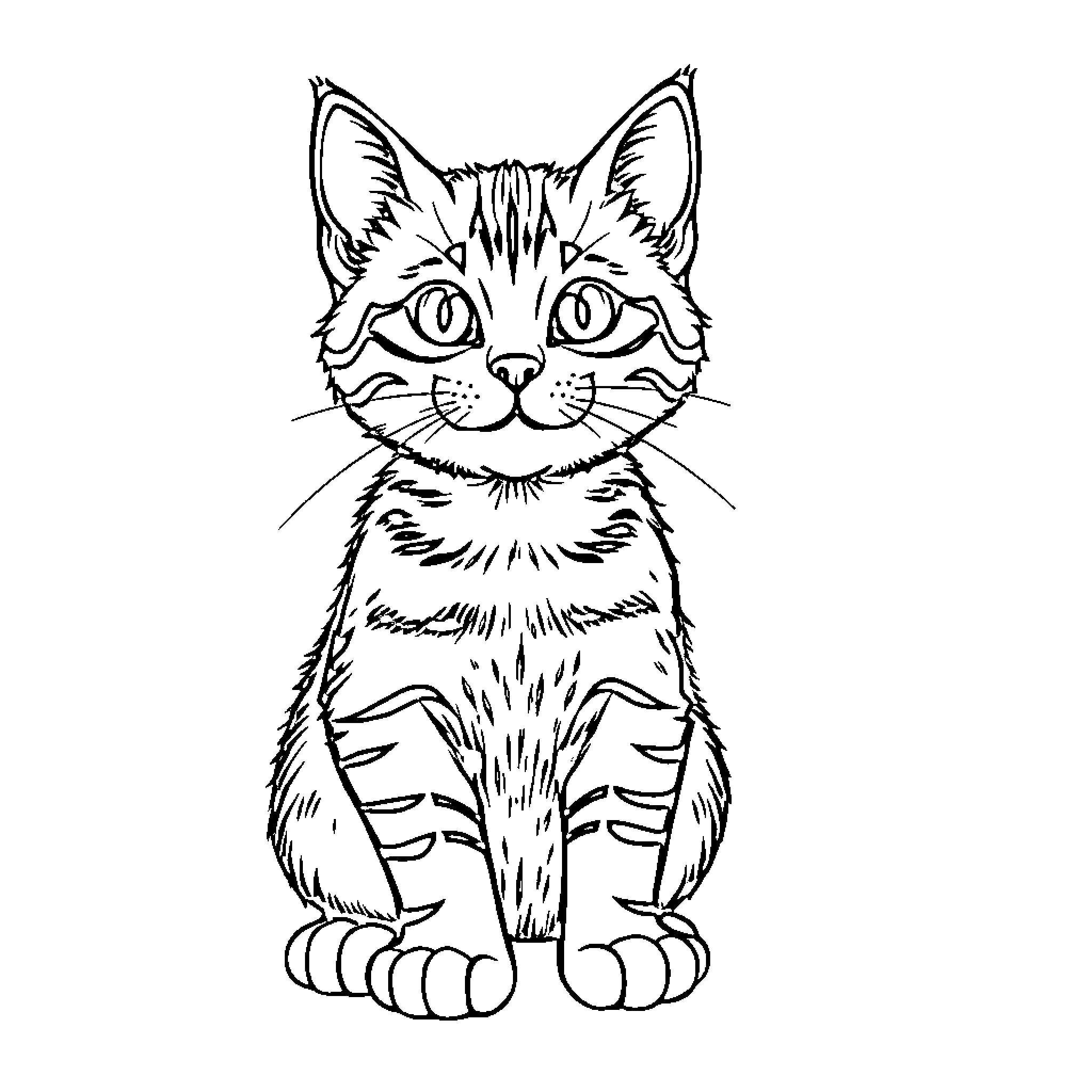 Gato sitting attentively with keen expression Coloring Page (free black-and-white line drawing printable PDF for all, from beginners to advanced learners, including children, teens, adults, and seniors)