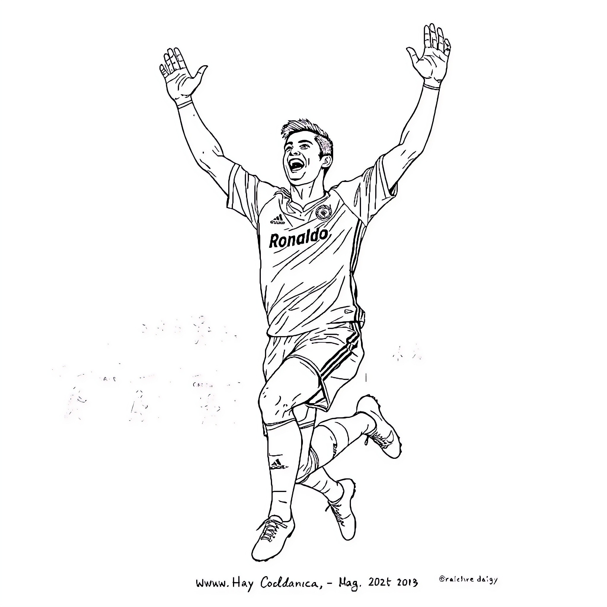 Ronaldo celebrating with arms raised Coloring Page (free black-and-white line drawing printable PDF for all, from beginners to advanced learners, including children, teens, adults, and seniors)