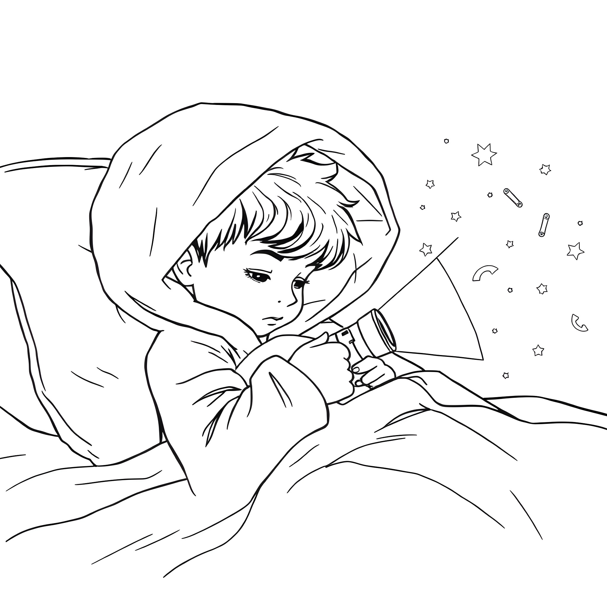 Boy wrapped in a blanket at night Coloring Page (free black-and-white line drawing printable PDF for all, from beginners to advanced learners, including children, teens, adults, and seniors)