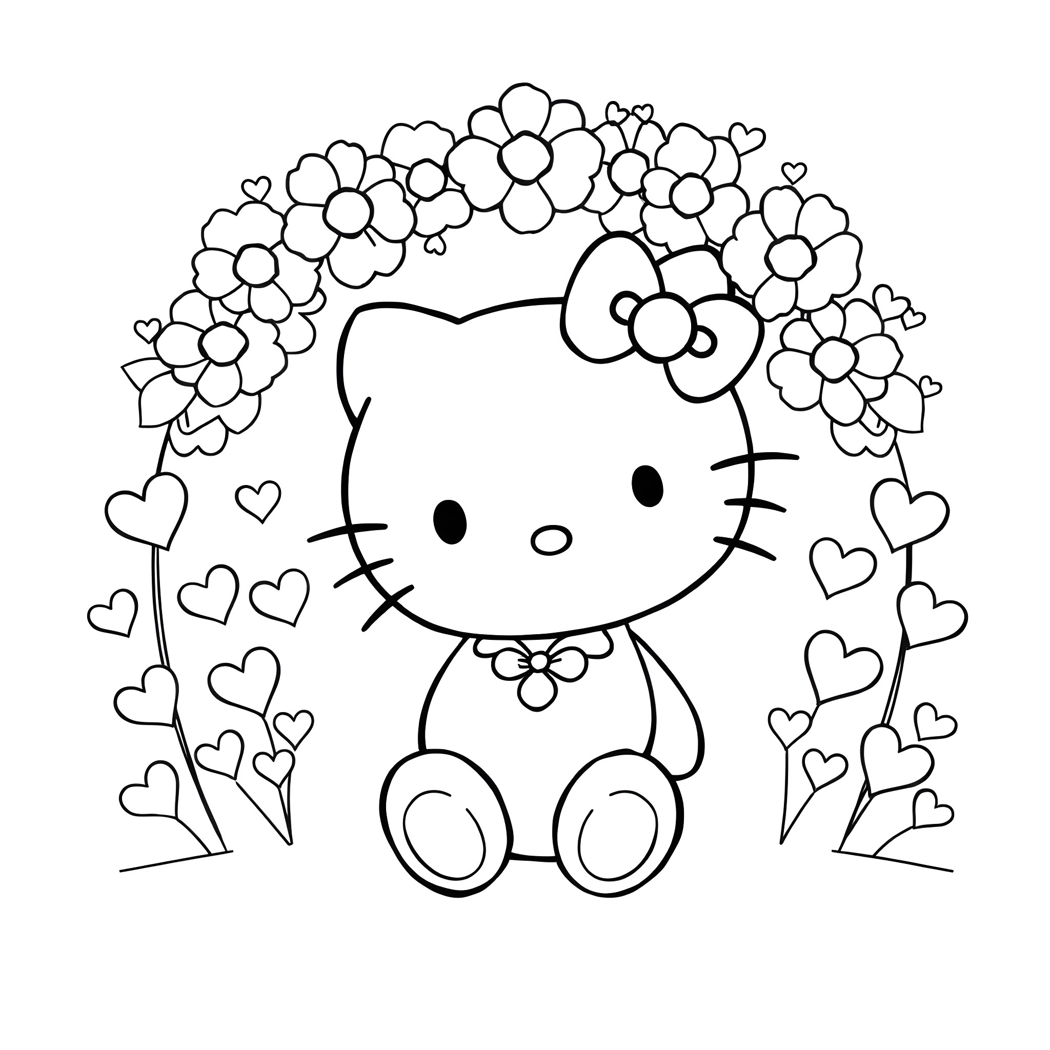 Hello Kitty among floral hearts and flowers Coloring Page (free black-and-white line drawing printable PDF for all, from beginners to advanced learners, including children, teens, adults, and seniors)