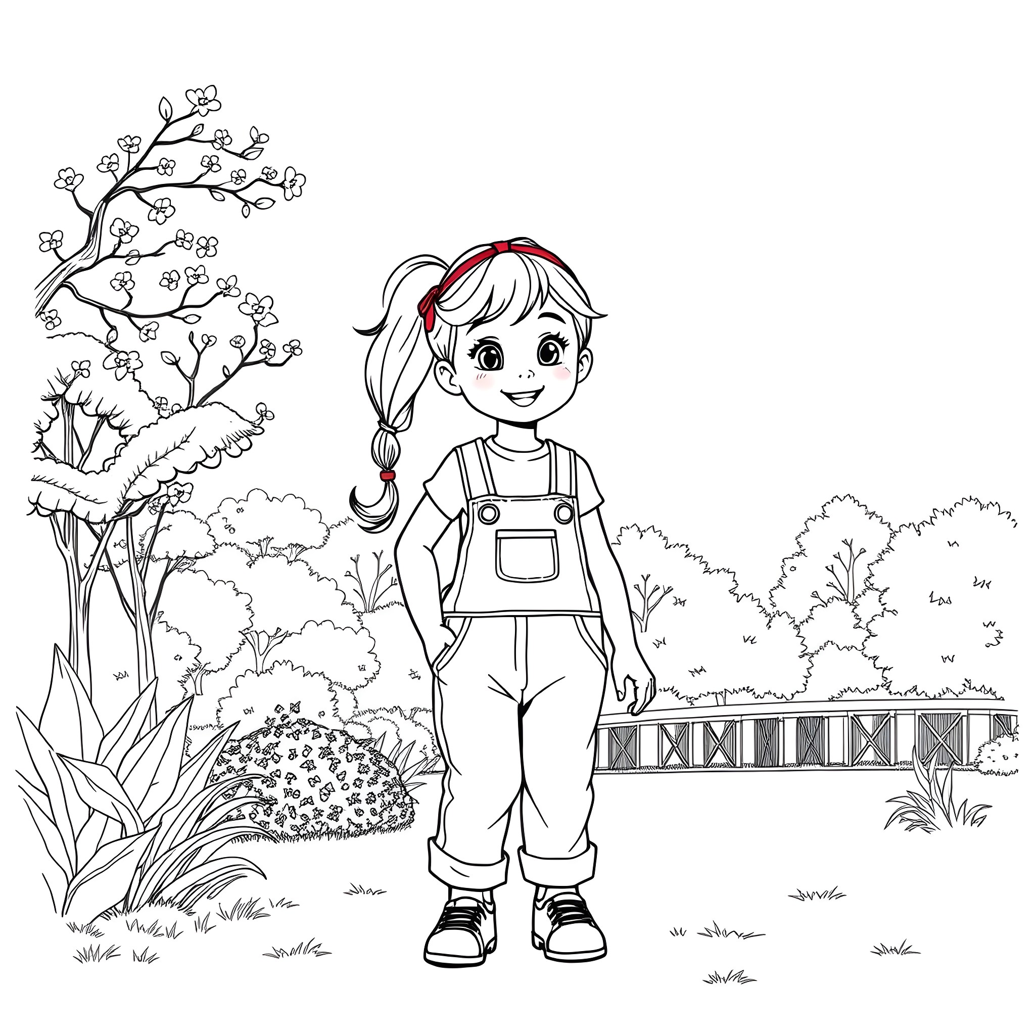 Girl in overalls exploring the garden Coloring Page (free black-and-white line drawing printable PDF for all, from beginners to advanced learners, including children, teens, adults, and seniors)