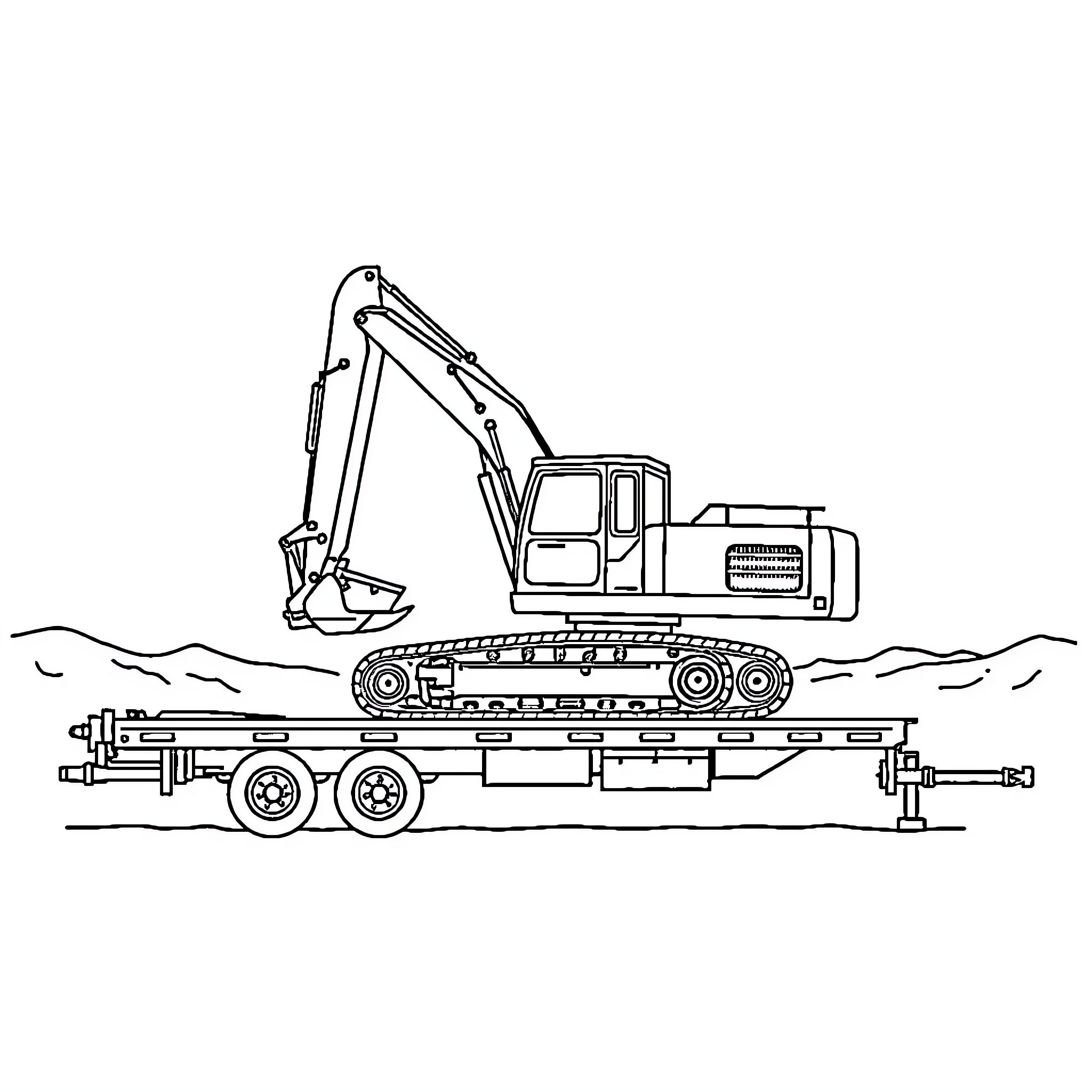 Excavator transporting heavy machinery on trailer Coloring Page (free black-and-white line drawing printable PDF for all, from beginners to advanced learners, including children, teens, adults, and seniors)