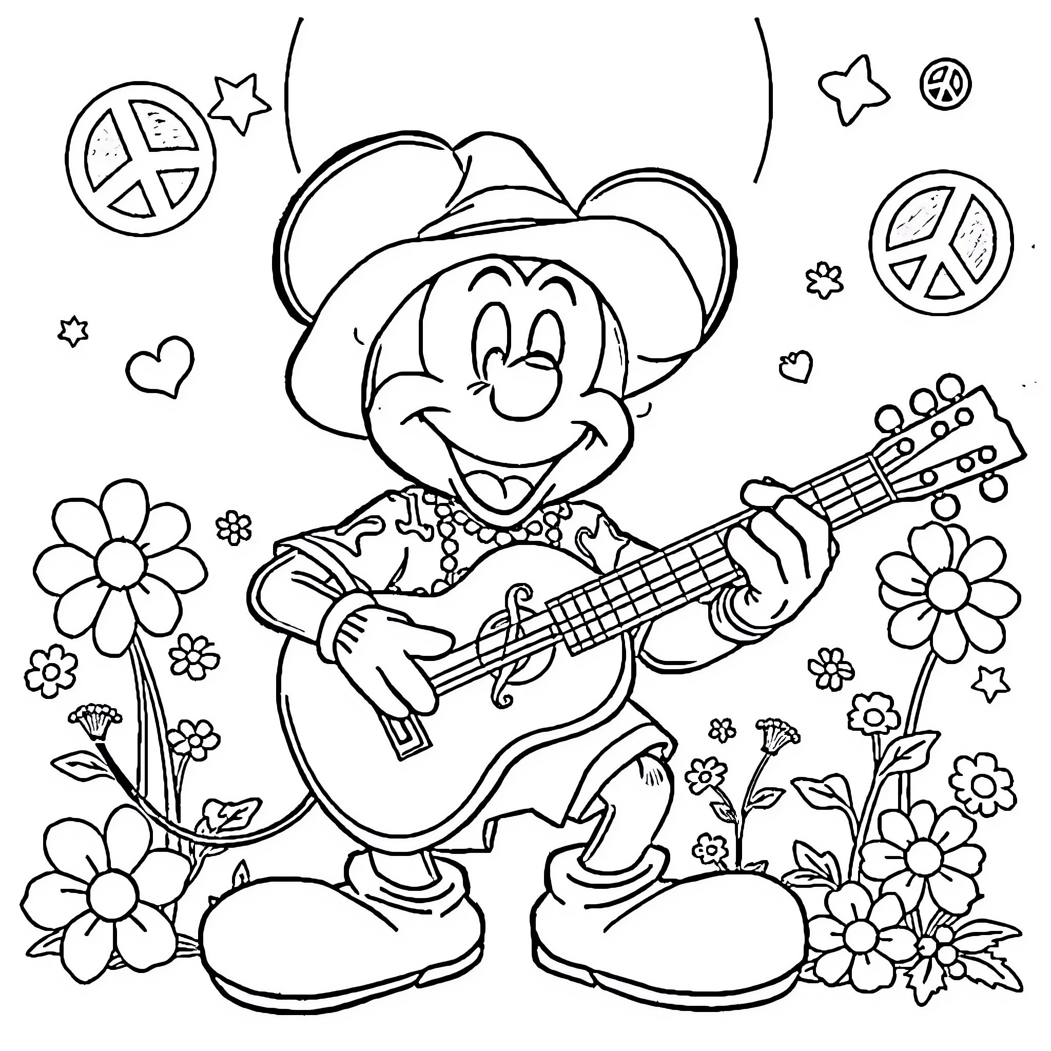 Mickey Mouse playing guitar in a floral scene Coloring Page (free black-and-white line drawing printable PDF for all, from beginners to advanced learners, including children, teens, adults, and seniors)