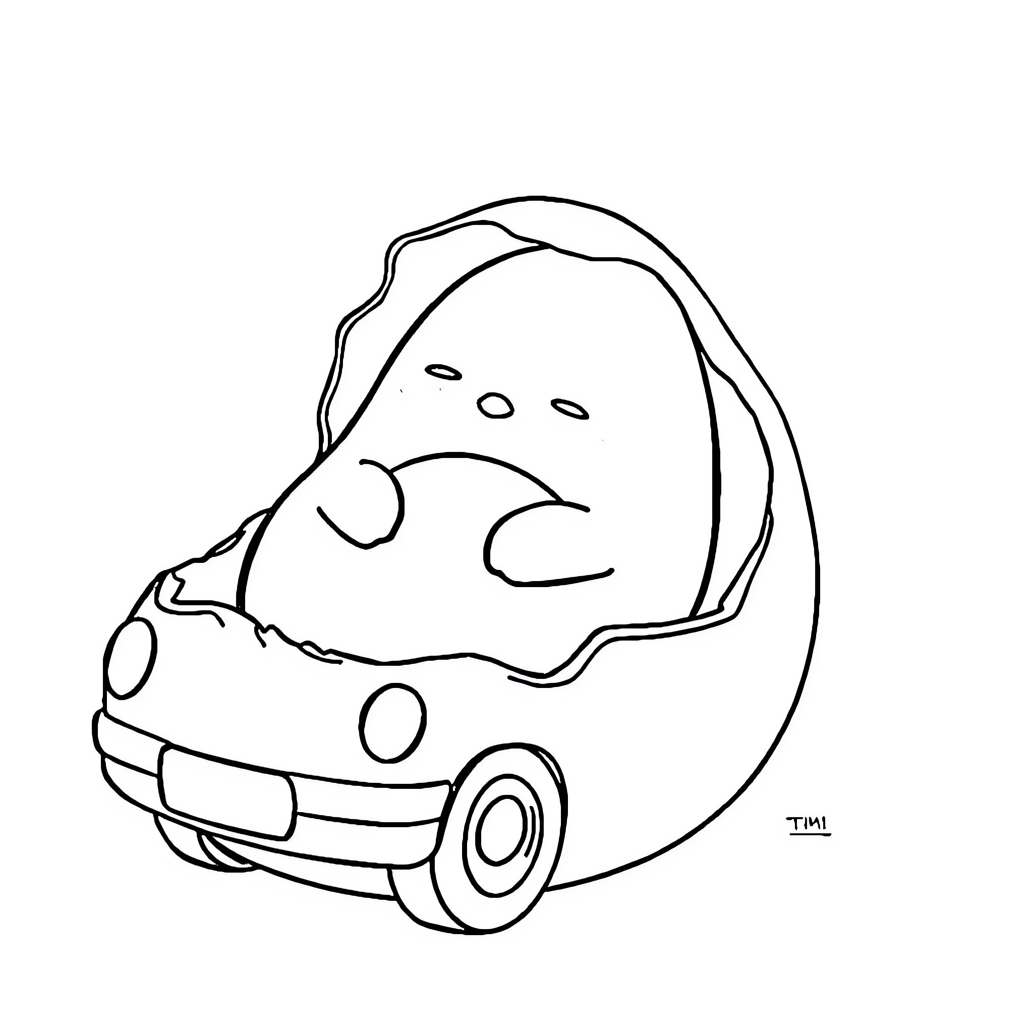 Gudetama resting comfortably in a vehicle Coloring Page (free black-and-white line drawing printable PDF for all, from beginners to advanced learners, including children, teens, adults, and seniors)