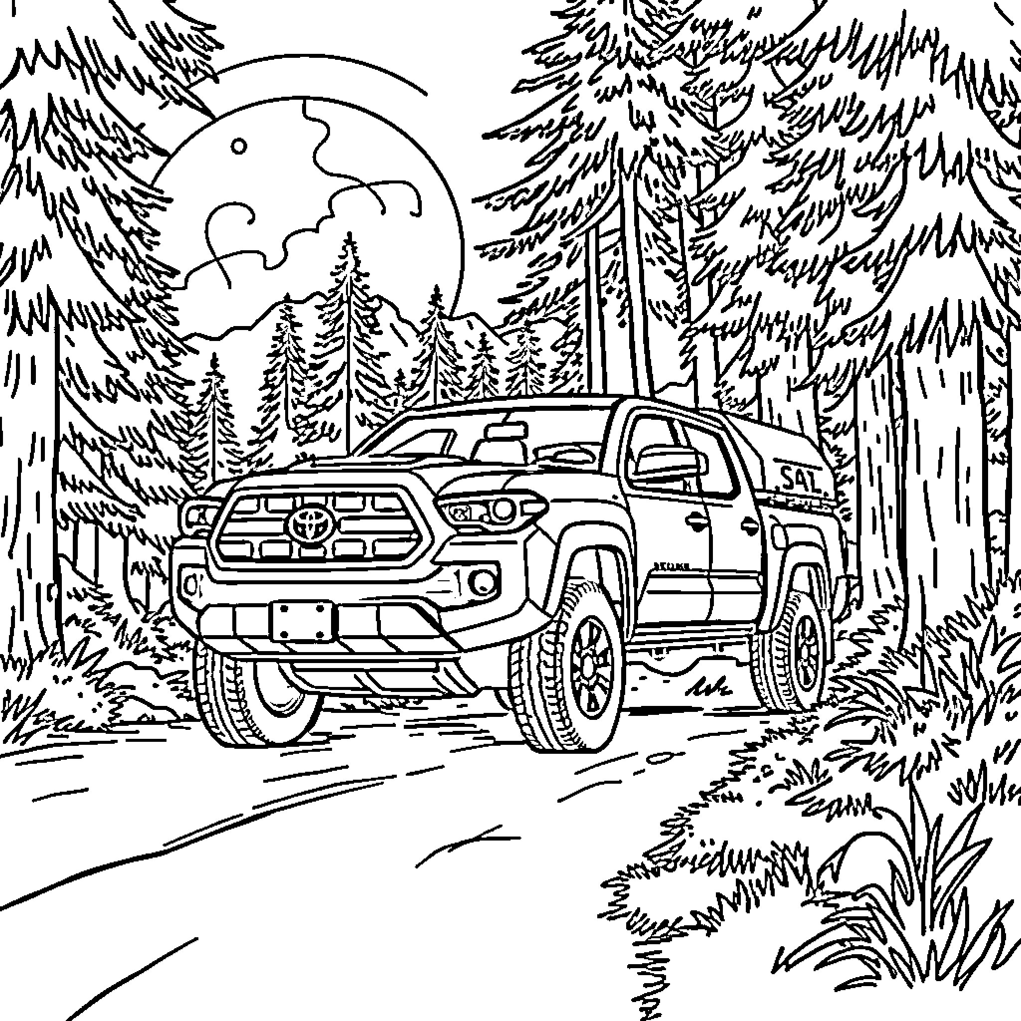 Toyota Tacoma off-road adventure in the wilderness Coloring Page (free black-and-white line drawing printable PDF for all, from beginners to advanced learners, including children, teens, adults, and seniors)