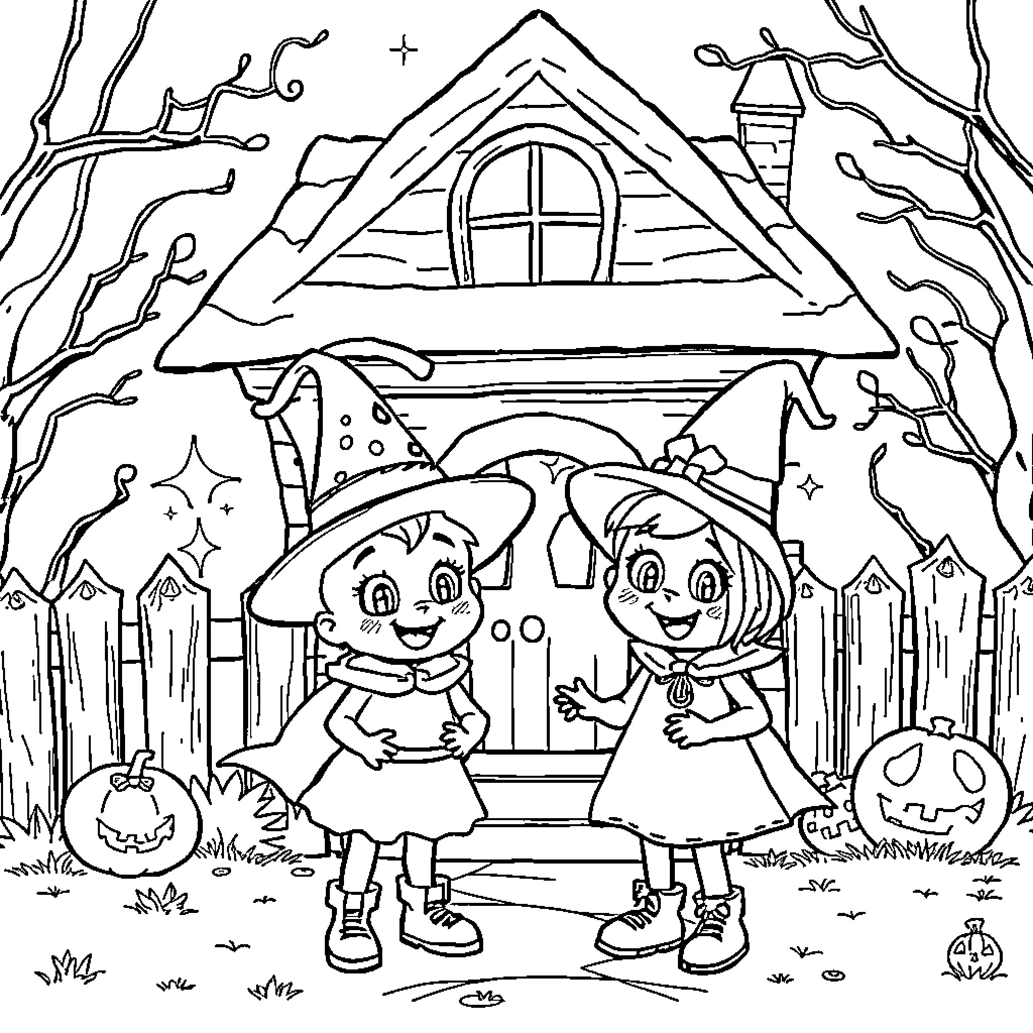 Bluey and Bingo's Spooky Halloween Adventure Coloring Page (free black-and-white line drawing printable PDF for all, from beginners to advanced learners, including children, teens, adults, and seniors)