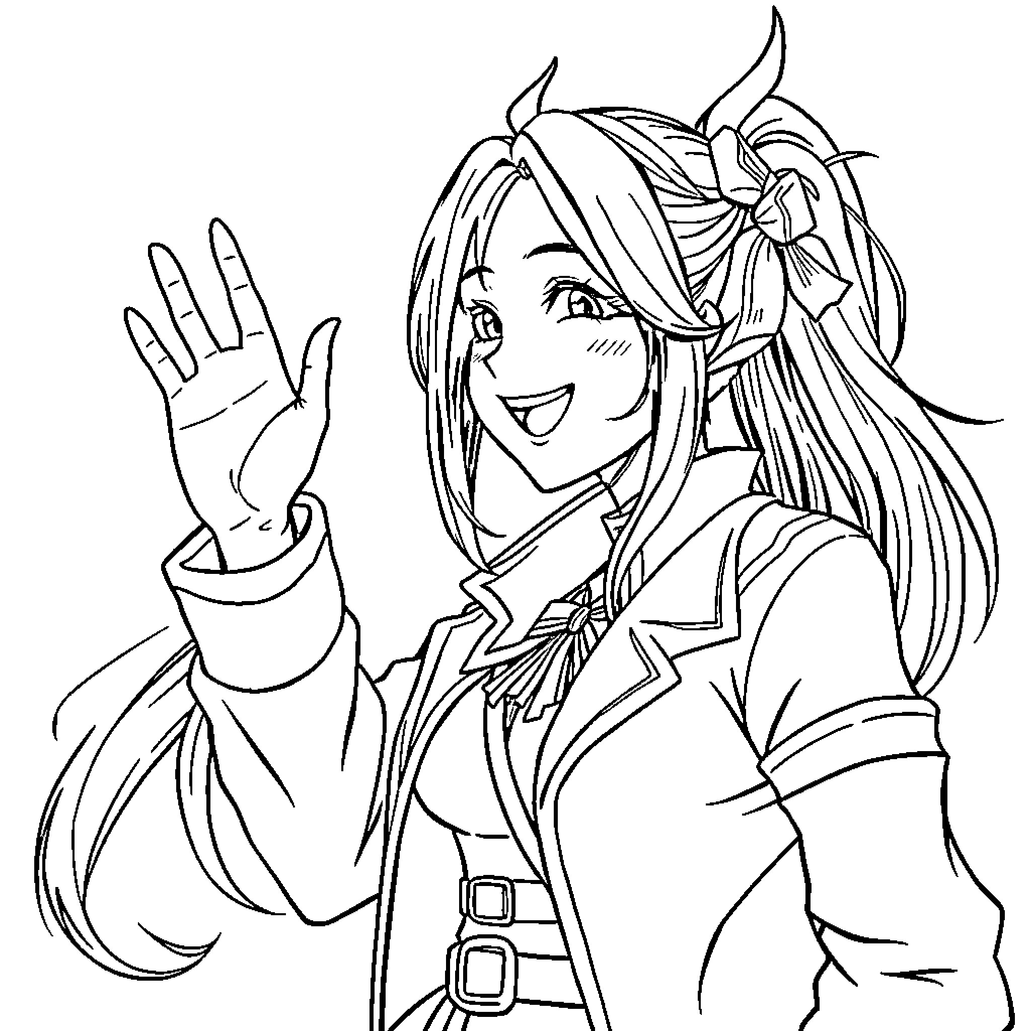 Mira Waving and Smiling Cheerfully Coloring Page (free black-and-white line drawing printable PDF for all, from beginners to advanced learners, including children, teens, adults, and seniors)