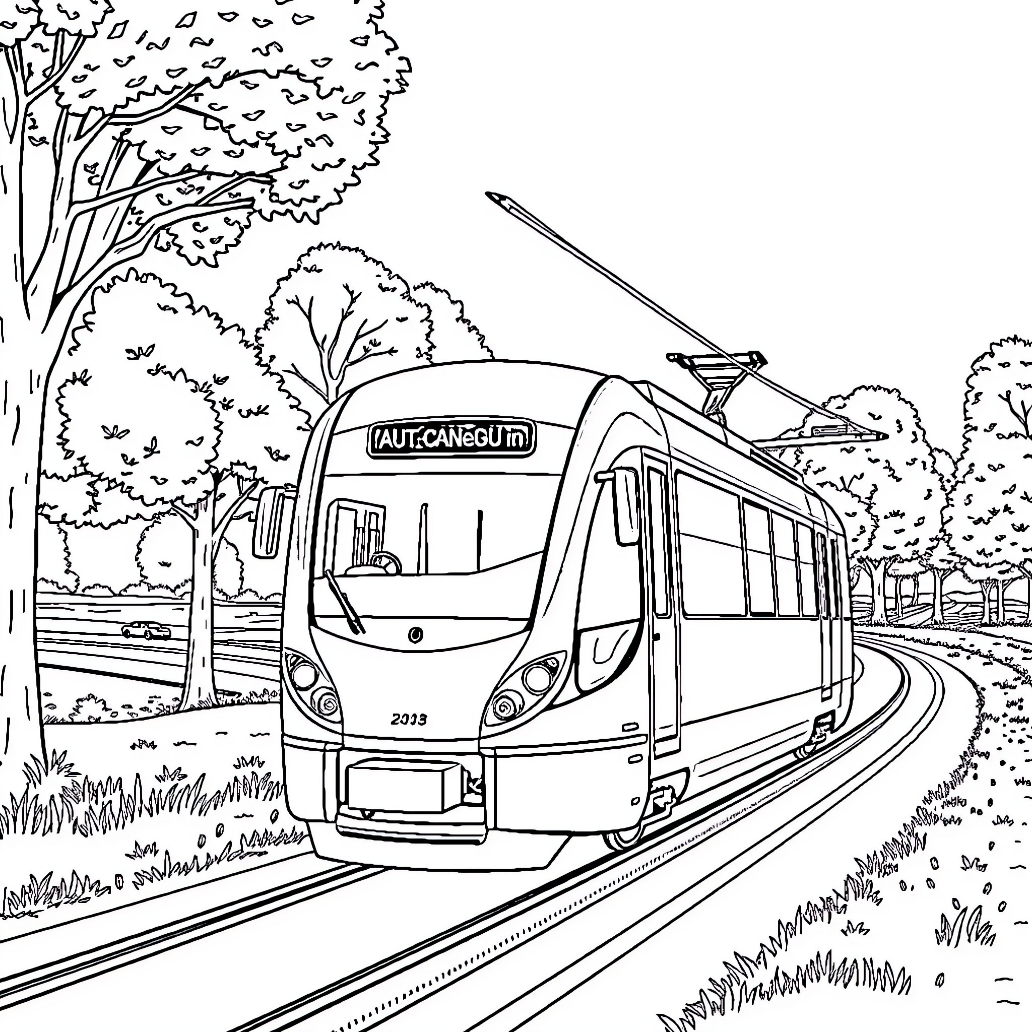 Autocar commuter train traveling through nature Coloring Page (free black-and-white line drawing printable PDF for all, from beginners to advanced learners, including children, teens, adults, and seniors)