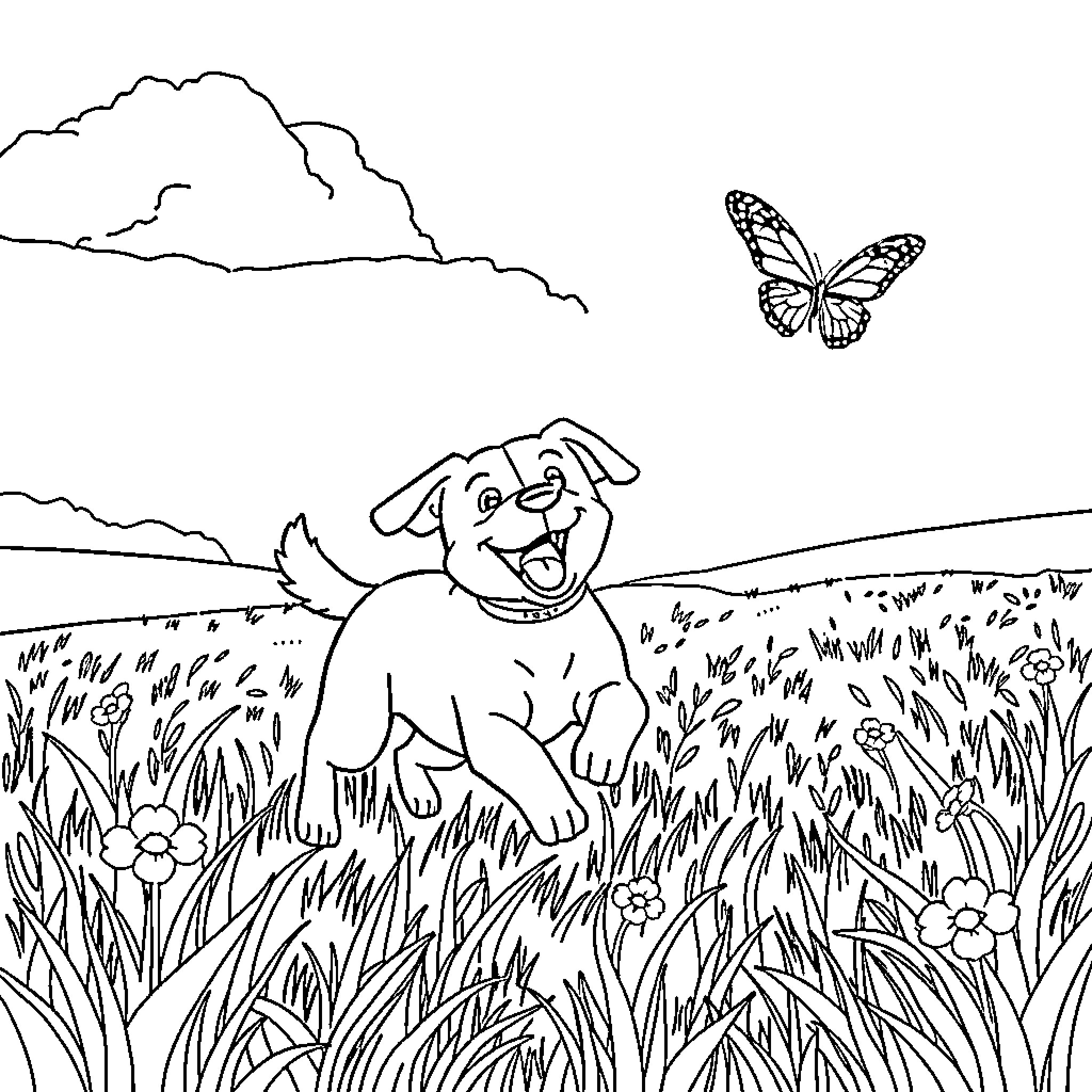 Dog playing happily in the meadow Coloring Page (free black-and-white line drawing printable PDF for all, from beginners to advanced learners, including children, teens, adults, and seniors)