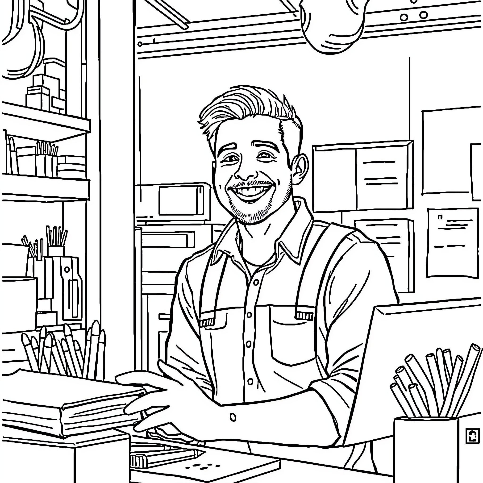 Husband working diligently in his workshop Coloring Page (free black-and-white line drawing printable PDF for all, from beginners to advanced learners, including children, teens, adults, and seniors)