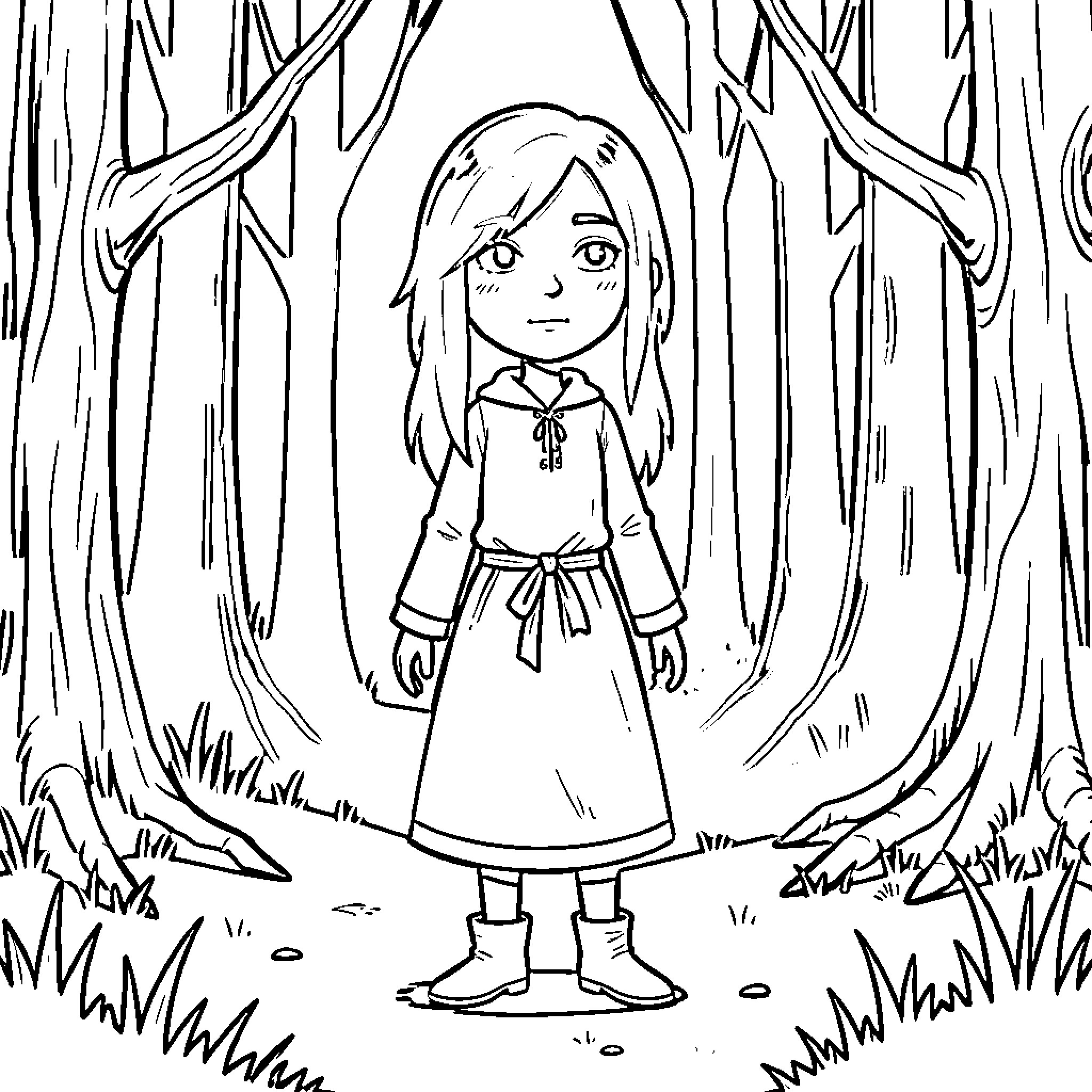 Willow exploring the enchanted forest Coloring Page (free black-and-white line drawing printable PDF for all, from beginners to advanced learners, including children, teens, adults, and seniors)