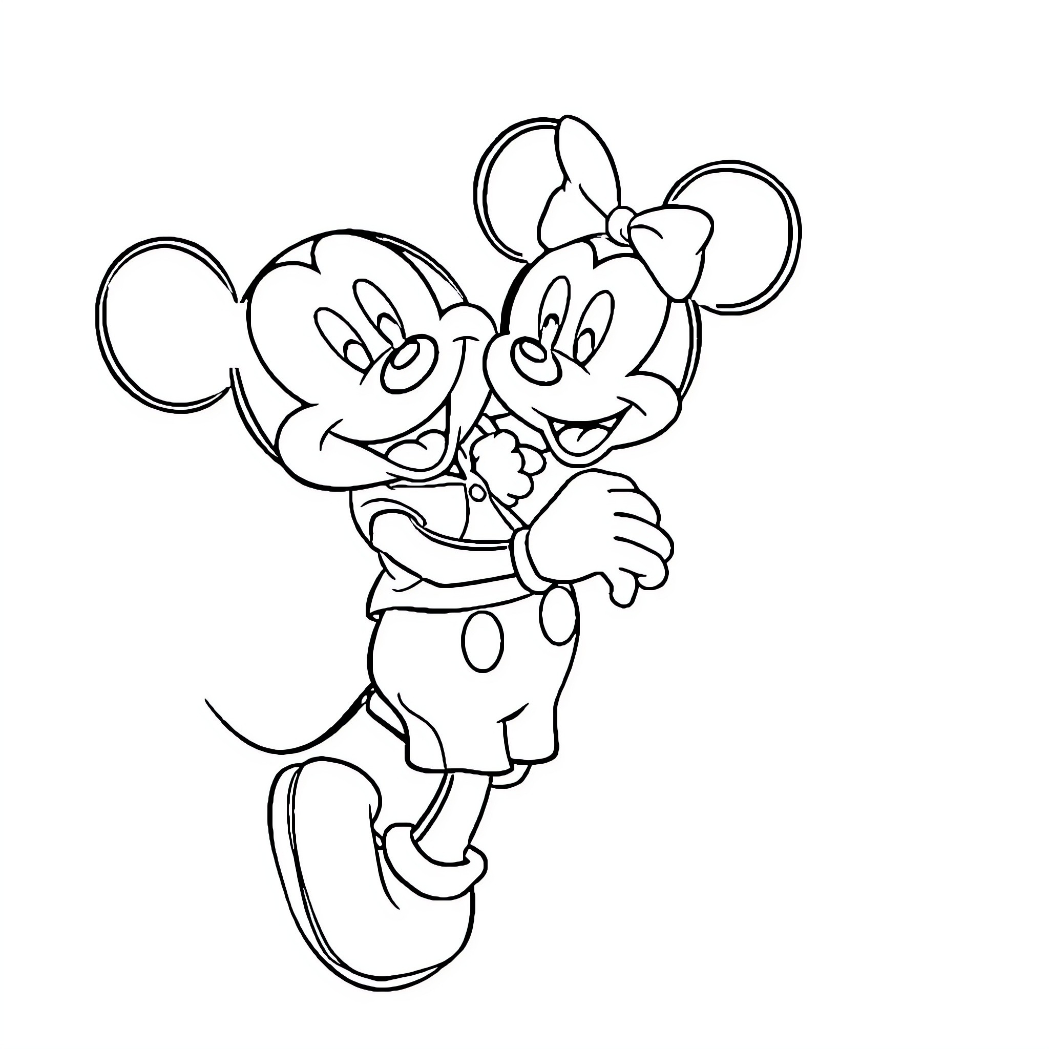 Mickey Mouse and Minnie Mouse in an embrace Coloring Page (free black-and-white line drawing printable PDF for all, from beginners to advanced learners, including children, teens, adults, and seniors)