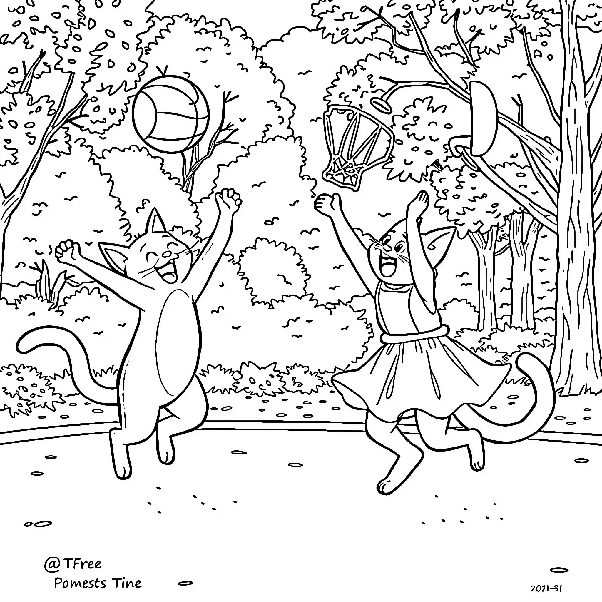 Ladybug Playing Joyfully with Friends in the Forest Coloring Page (free black-and-white line drawing printable PDF for all, from beginners to advanced learners, including children, teens, adults, and seniors)