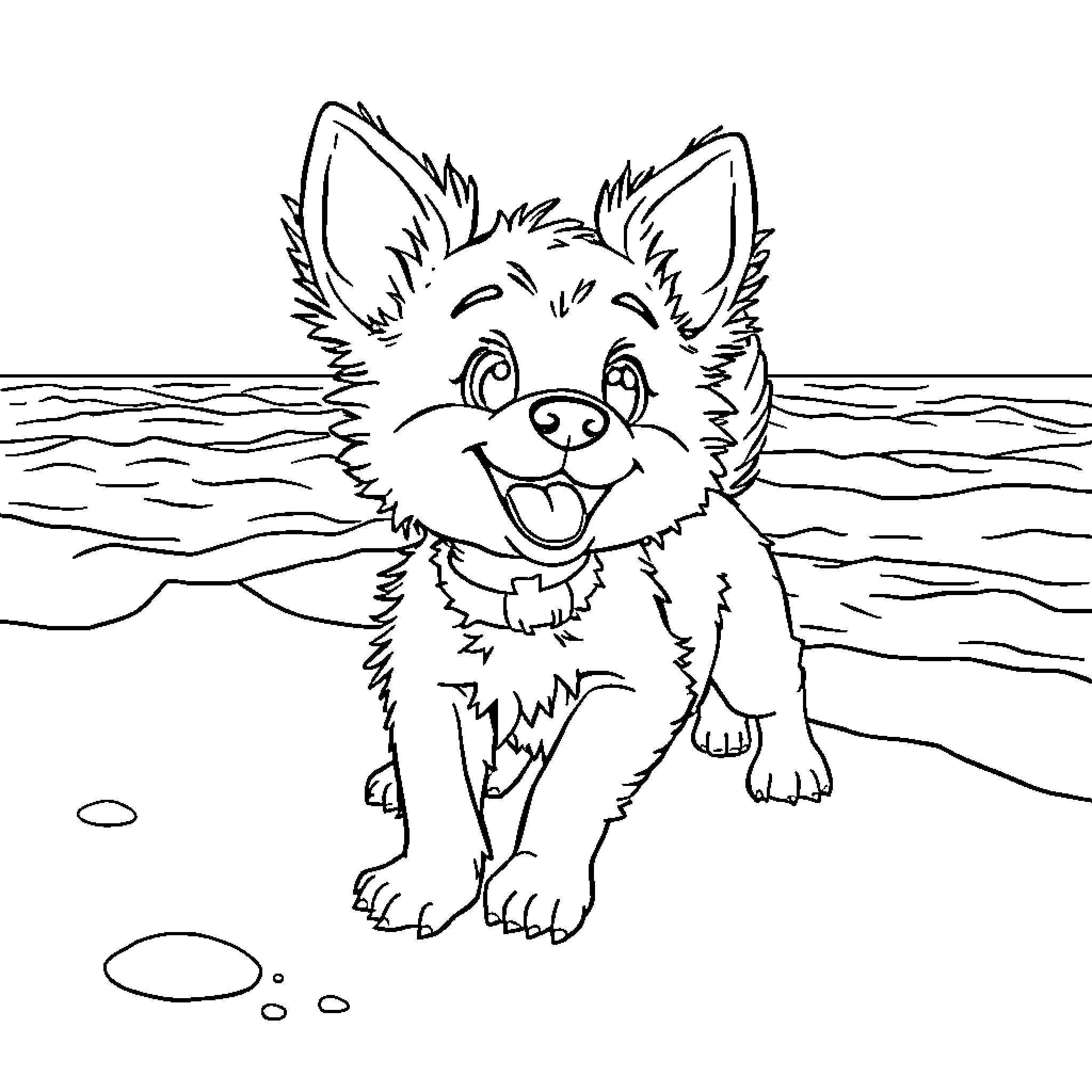 Huntrix's Playful Pup in Scenic Surroundings Coloring Page (free black-and-white line drawing printable PDF for all, from beginners to advanced learners, including children, teens, adults, and seniors)