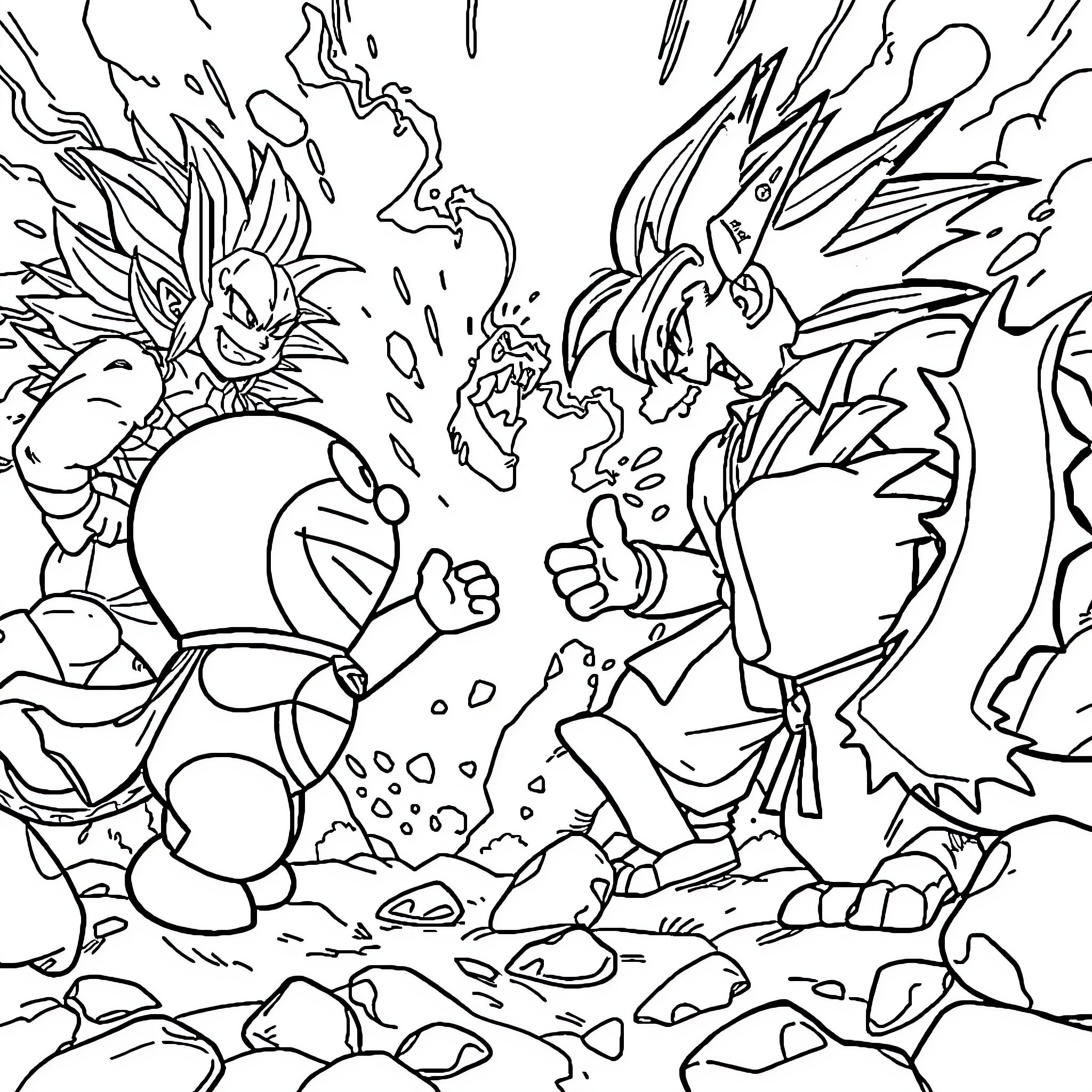 Doraemon battling with fierce-looking creature Coloring Page (free black-and-white line drawing printable PDF for all, from beginners to advanced learners, including children, teens, adults, and seniors)