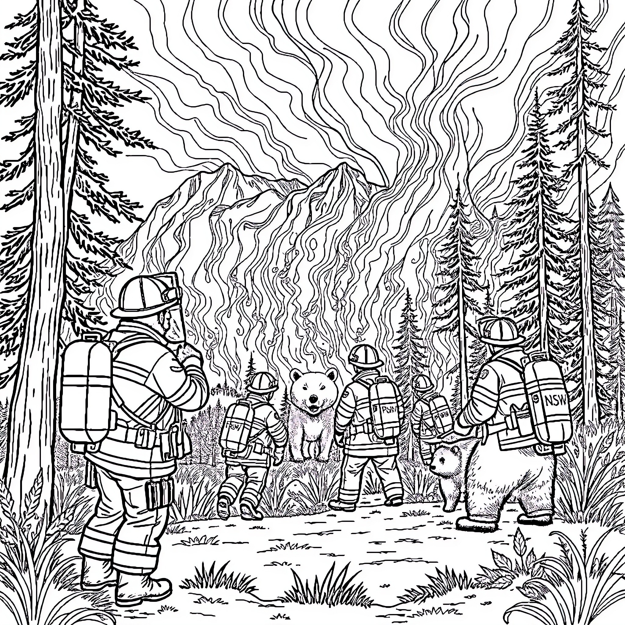 Firefighters battling raging forest fire Coloring Page (free black-and-white line drawing printable PDF for all, from beginners to advanced learners, including children, teens, adults, and seniors)