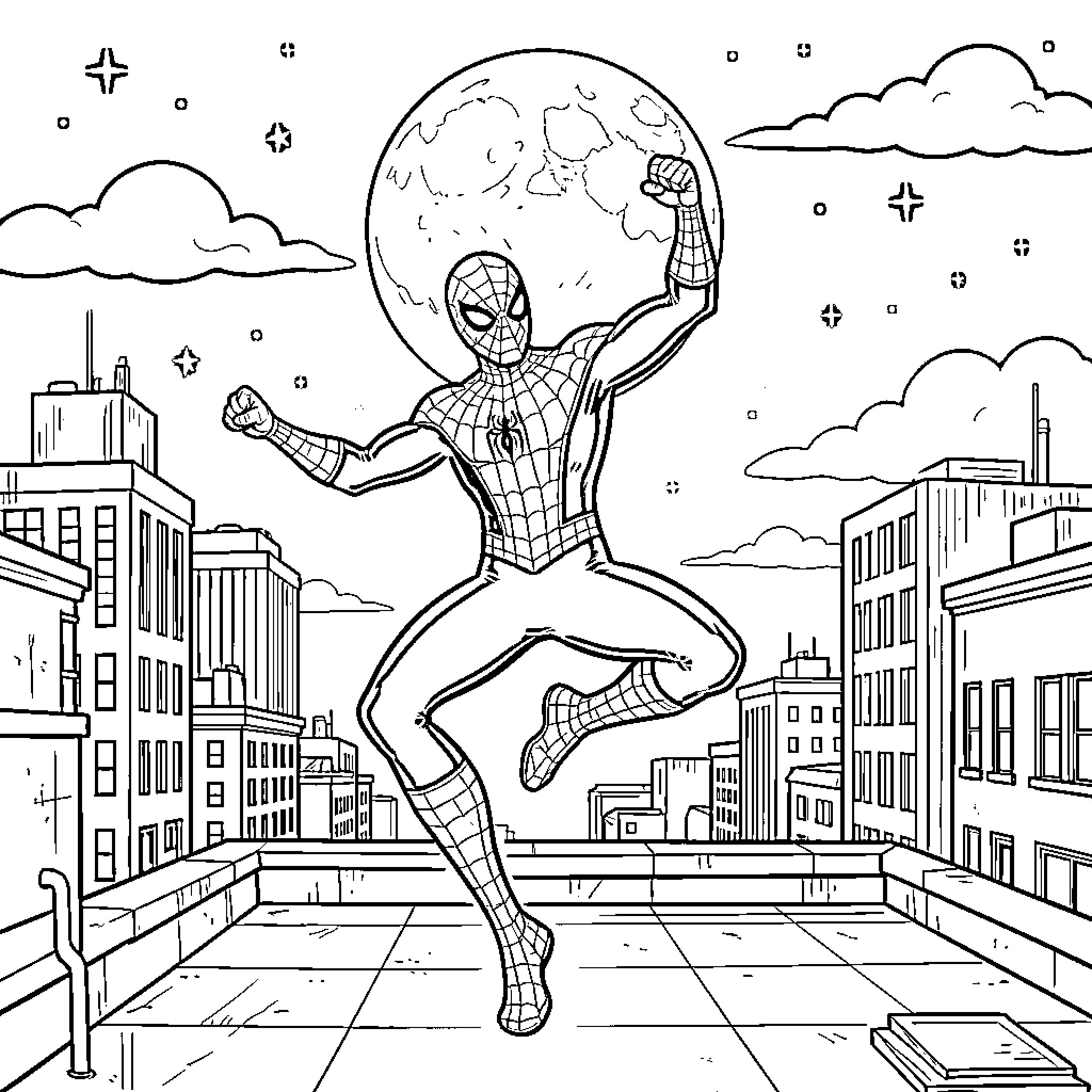 Spider-Man leaping heroically in front of the moon Coloring Page (free black-and-white line drawing printable PDF for all, from beginners to advanced learners, including children, teens, adults, and seniors)