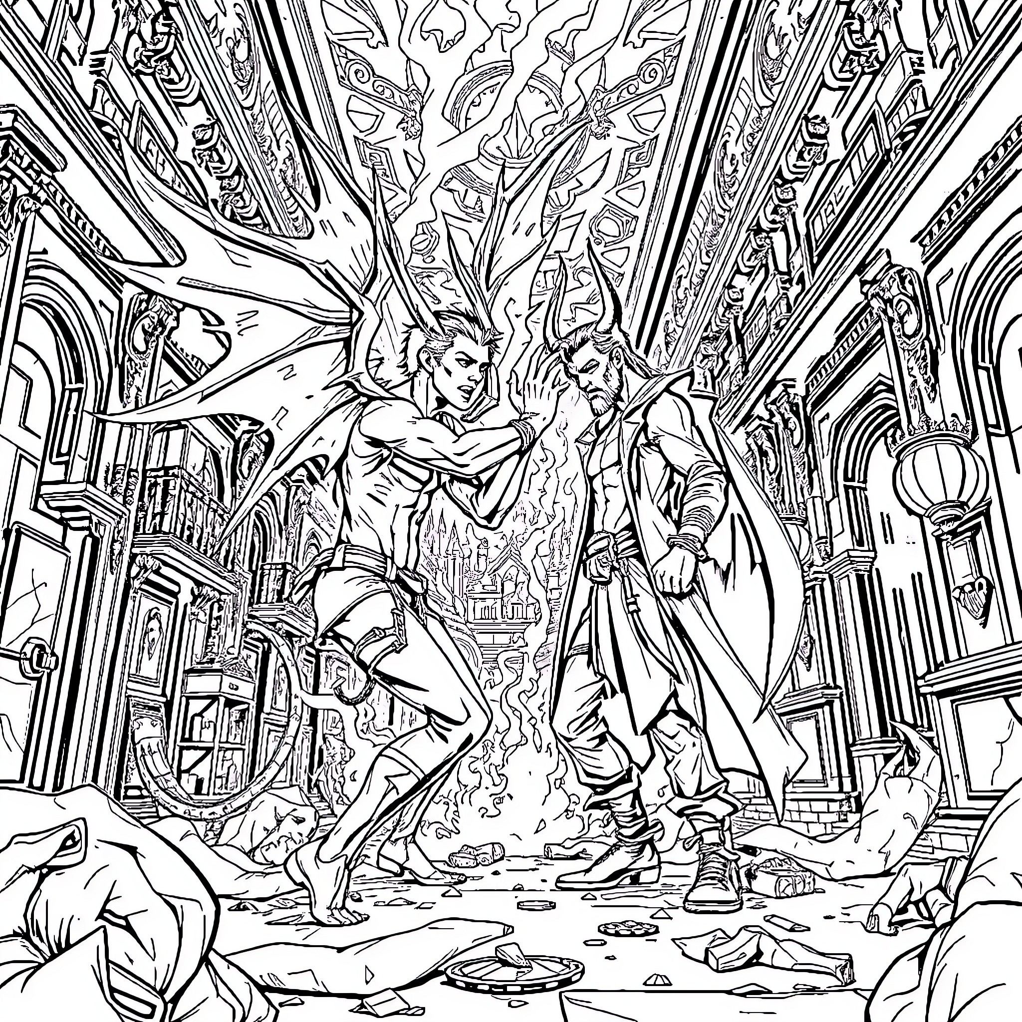 Lucifer battling celestial forces in a divine confrontation Coloring Page (free black-and-white line drawing printable PDF for all, from beginners to advanced learners, including children, teens, adults, and seniors)