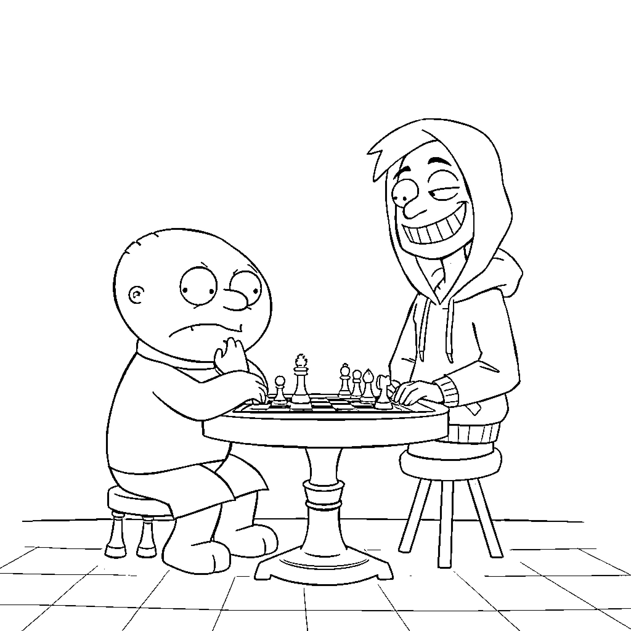 Stewie Griffin playing chess with a smirking companion Coloring Page (free black-and-white line drawing printable PDF for all, from beginners to advanced learners, including children, teens, adults, and seniors)