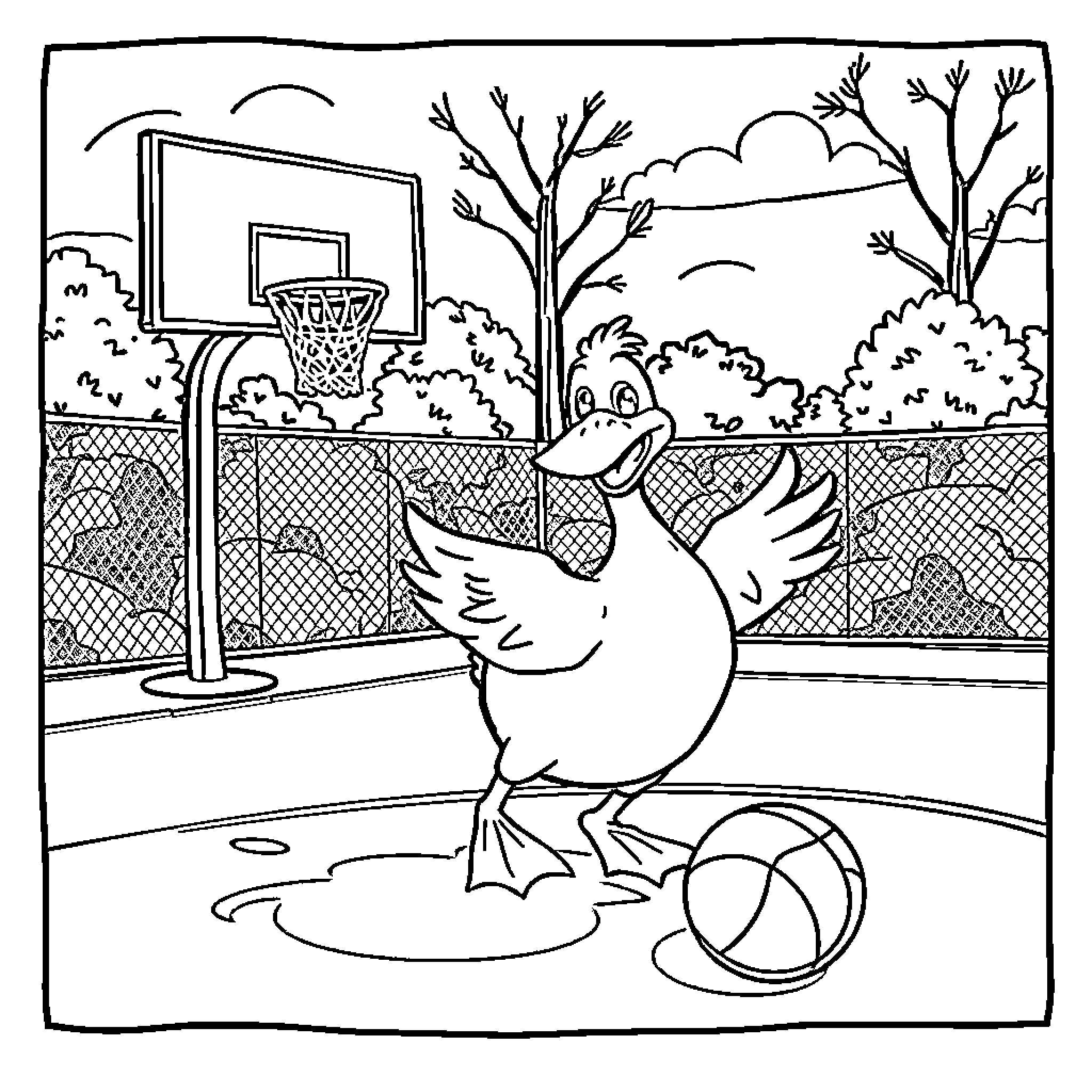 Duck playing basketball on outdoor court Coloring Page (free black-and-white line drawing printable PDF for all, from beginners to advanced learners, including children, teens, adults, and seniors)