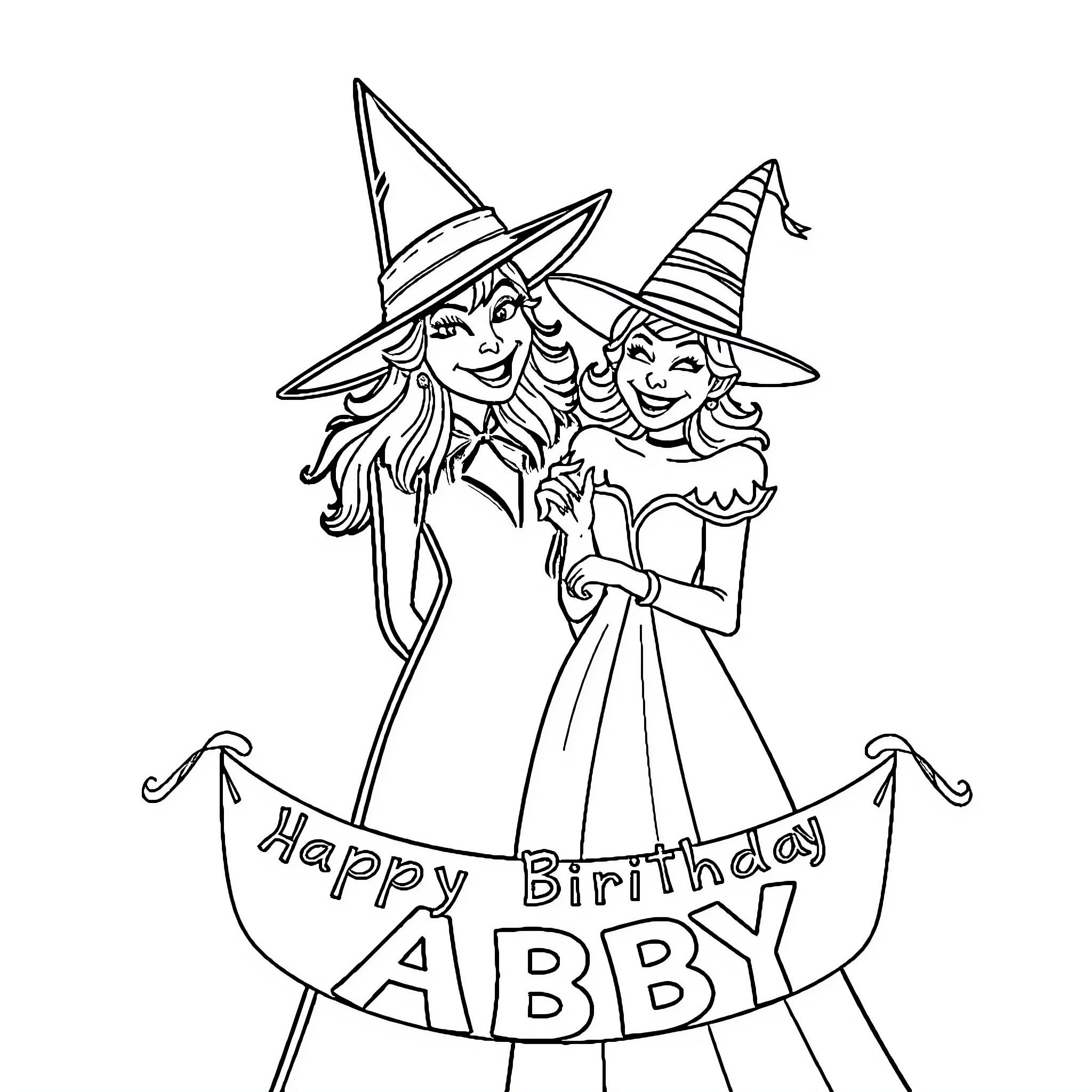 Wicked Witches Celebrate a Happy Birthday Coloring Page (free black-and-white line drawing printable PDF for all, from beginners to advanced learners, including children, teens, adults, and seniors)