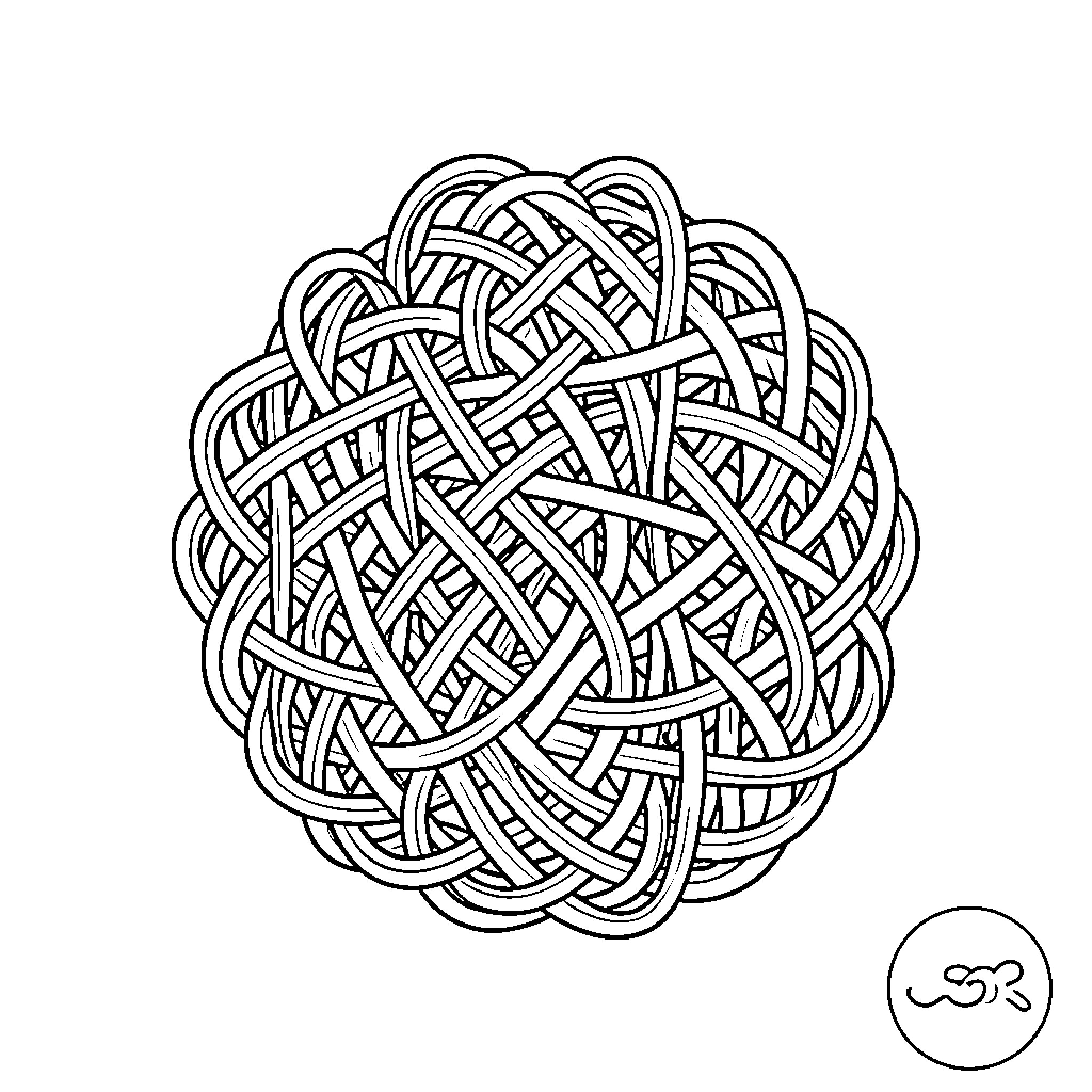 Scoubidou intricate intertwined loops forming a circular pattern Coloring Page (free black-and-white line drawing printable PDF for all, from beginners to advanced learners, including children, teens, adults, and seniors)