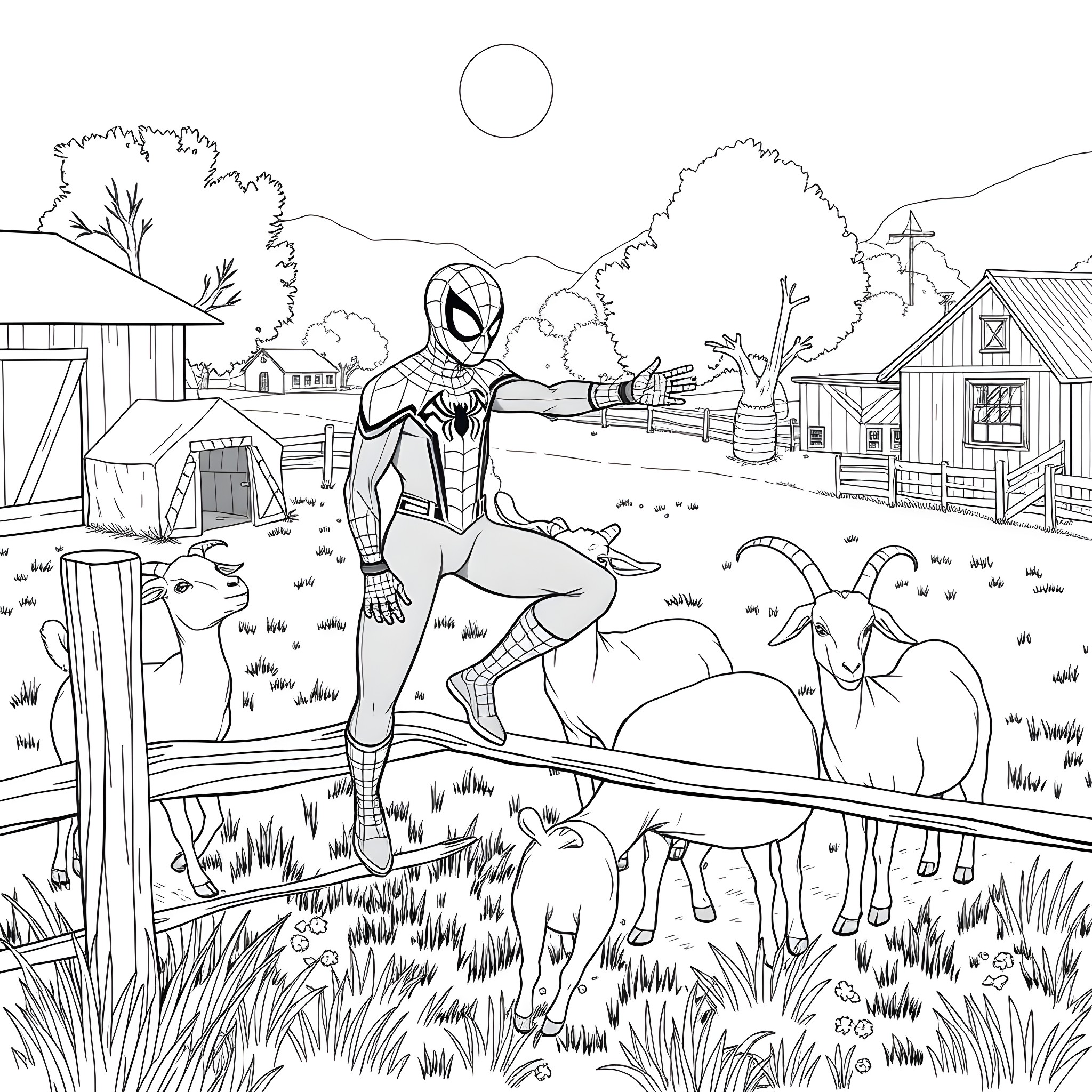 Spiderman exploring the countryside with goats Coloring Page (free black-and-white line drawing printable PDF for all, from beginners to advanced learners, including children, teens, adults, and seniors)