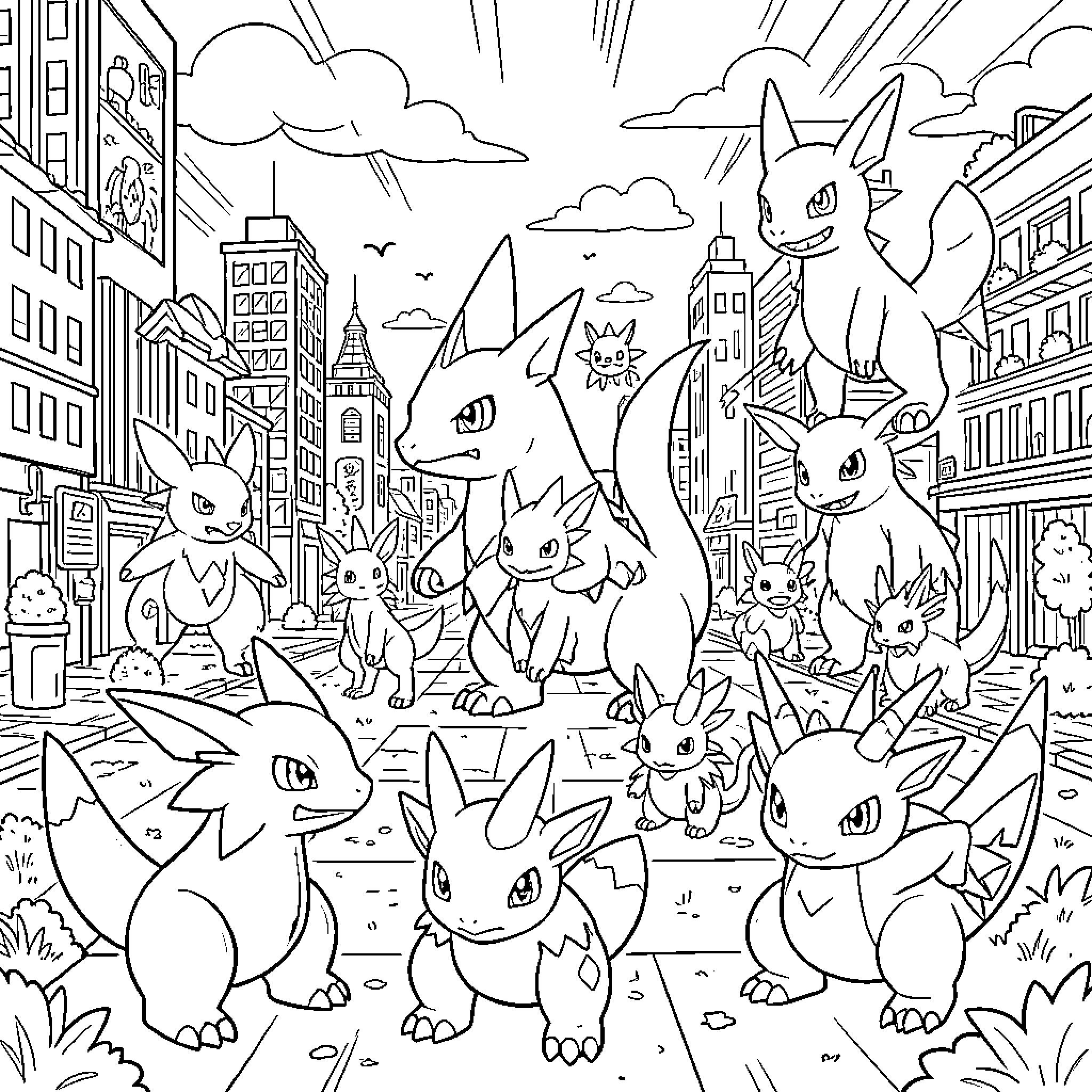 Digimon Creatures Gathering in the City Coloring Page (free black-and-white line drawing printable PDF for all, from beginners to advanced learners, including children, teens, adults, and seniors)