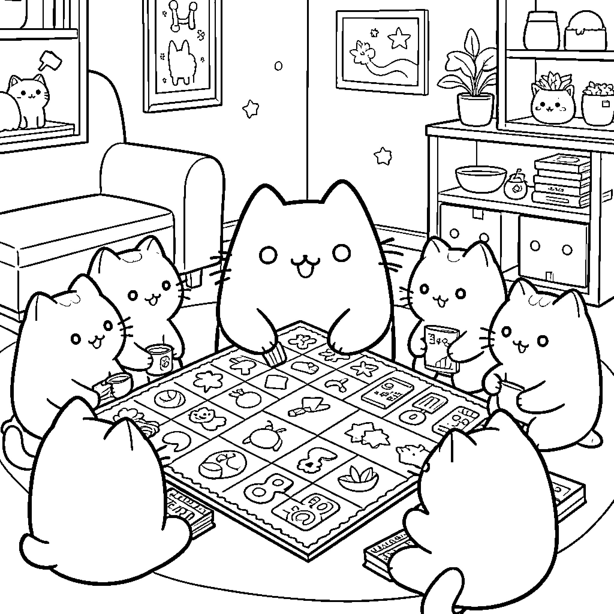 Pusheen and Kittens Enjoying a Cozy Game Coloring Page (free black-and-white line drawing printable PDF for all, from beginners to advanced learners, including children, teens, adults, and seniors)