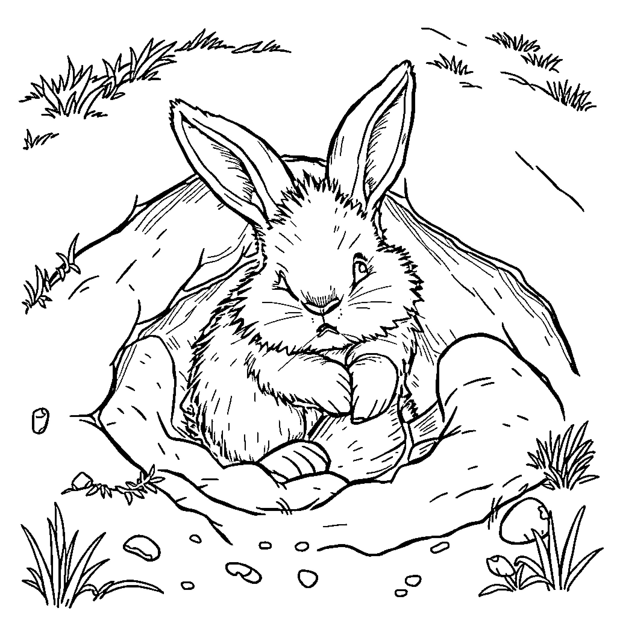 Bunny resting peacefully in grassy field Coloring Page (free black-and-white line drawing printable PDF for all, from beginners to advanced learners, including children, teens, adults, and seniors)