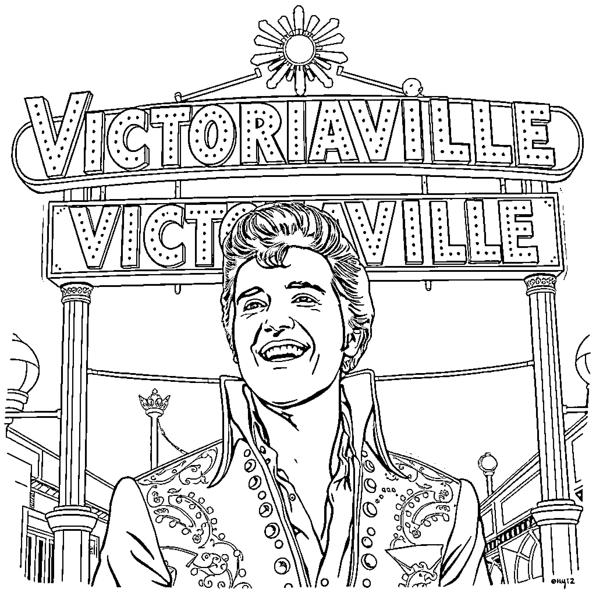 Elvis Presley performing on the Victoriaville stage Coloring Page (free black-and-white line drawing printable PDF for all, from beginners to advanced learners, including children, teens, adults, and seniors)