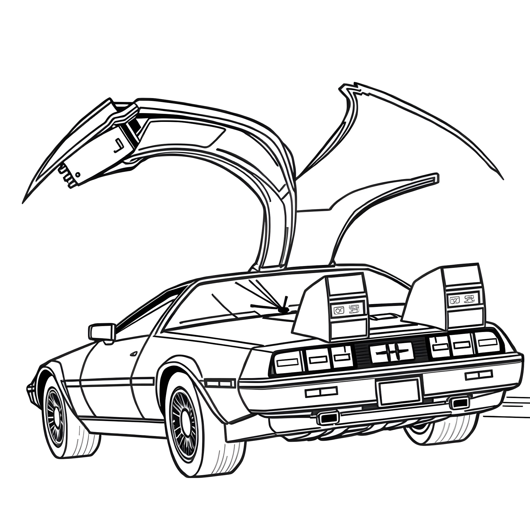 Batmobile with futuristic features and gull-wing doors Coloring Page (free black-and-white line drawing printable PDF for all, from beginners to advanced learners, including children, teens, adults, and seniors)