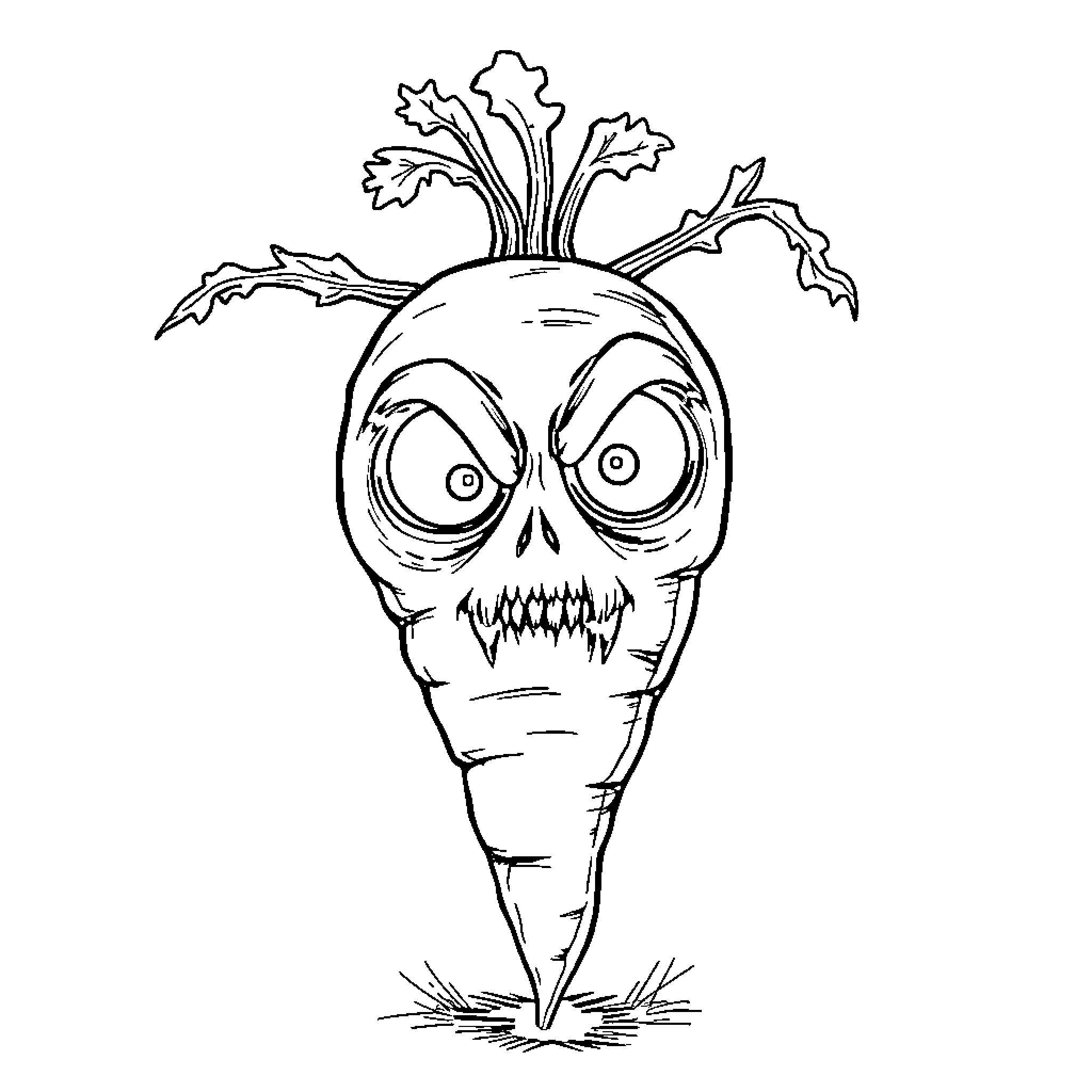 Carrot with spooky facial expression Coloring Page (free black-and-white line drawing printable PDF for all, from beginners to advanced learners, including children, teens, adults, and seniors)