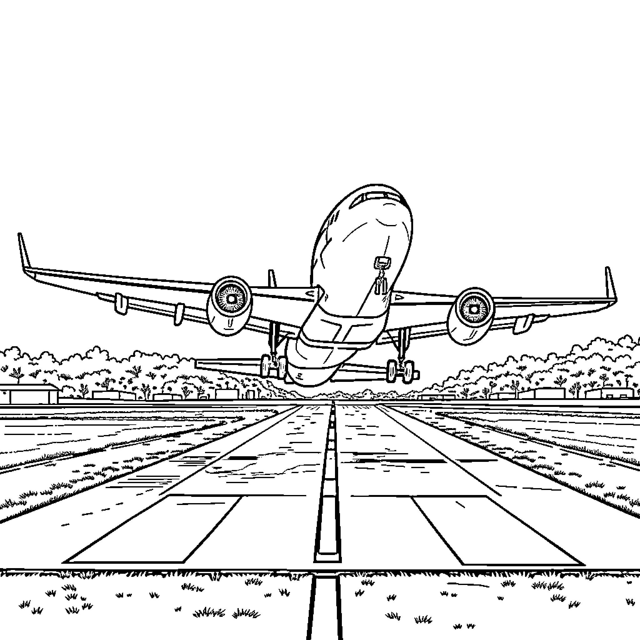 Plane taking off from the runway Coloring Page (free black-and-white line drawing printable PDF for all, from beginners to advanced learners, including children, teens, adults, and seniors)