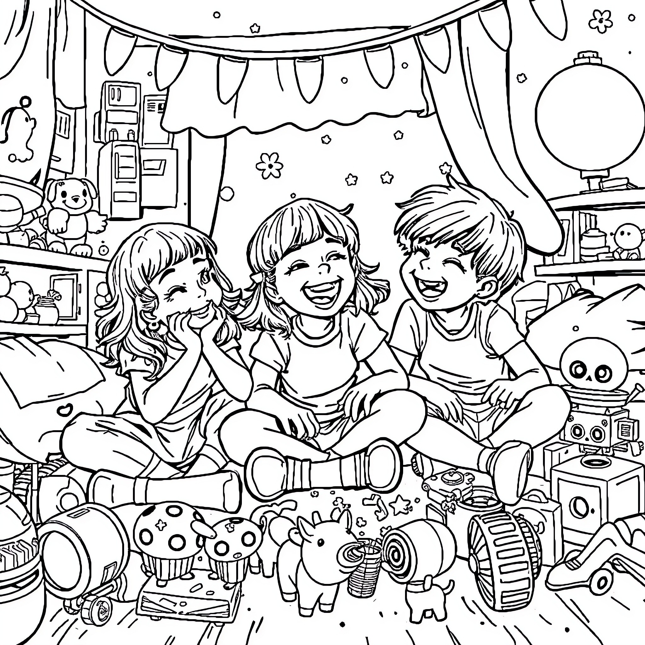 Girl Playfully Enjoying Toys with Friends in Bedroom Coloring Page (free black-and-white line drawing printable PDF for all, from beginners to advanced learners, including children, teens, adults, and seniors)