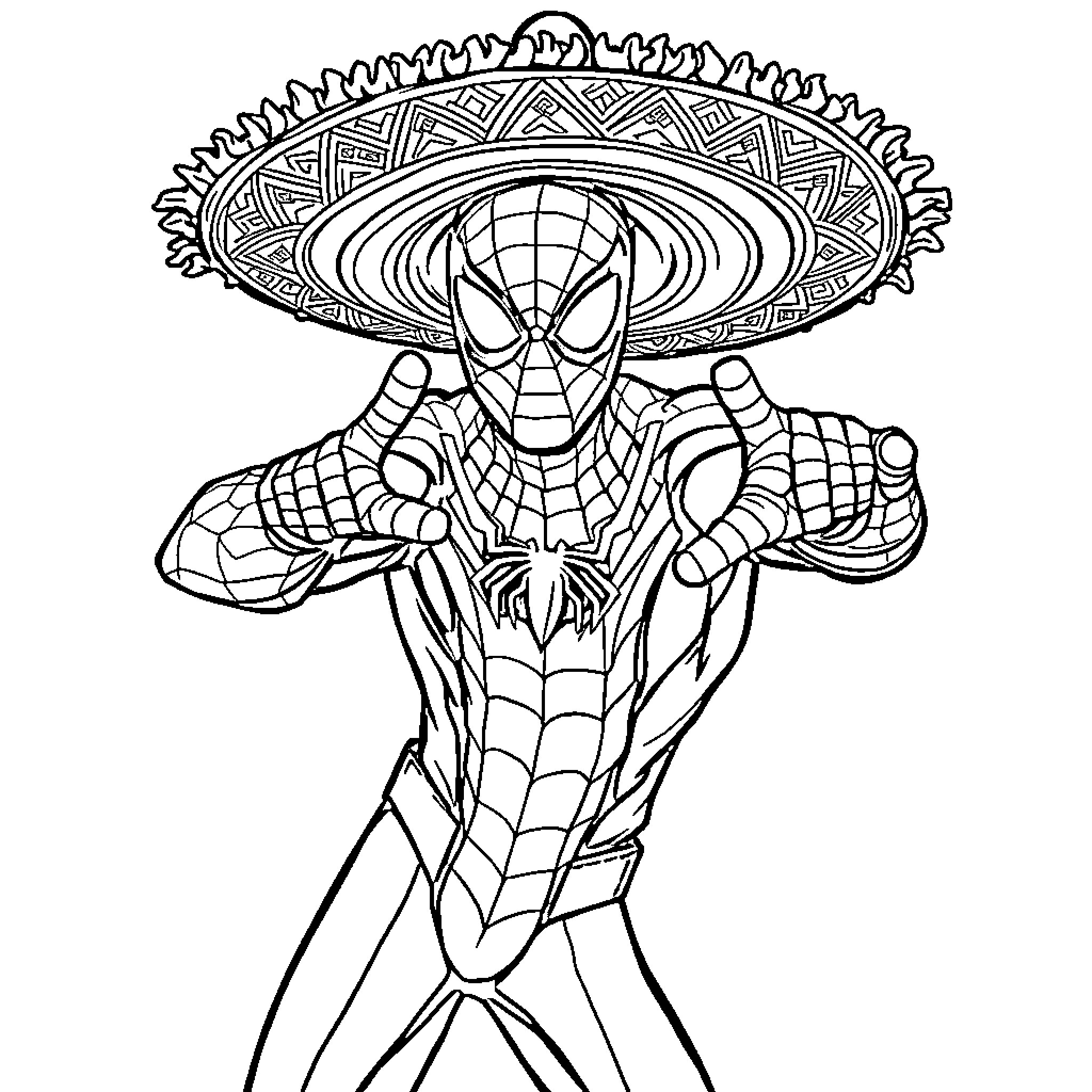 Spiderman with ornate sombrero and web-slinging pose Coloring Page (free black-and-white line drawing printable PDF for all, from beginners to advanced learners, including children, teens, adults, and seniors)