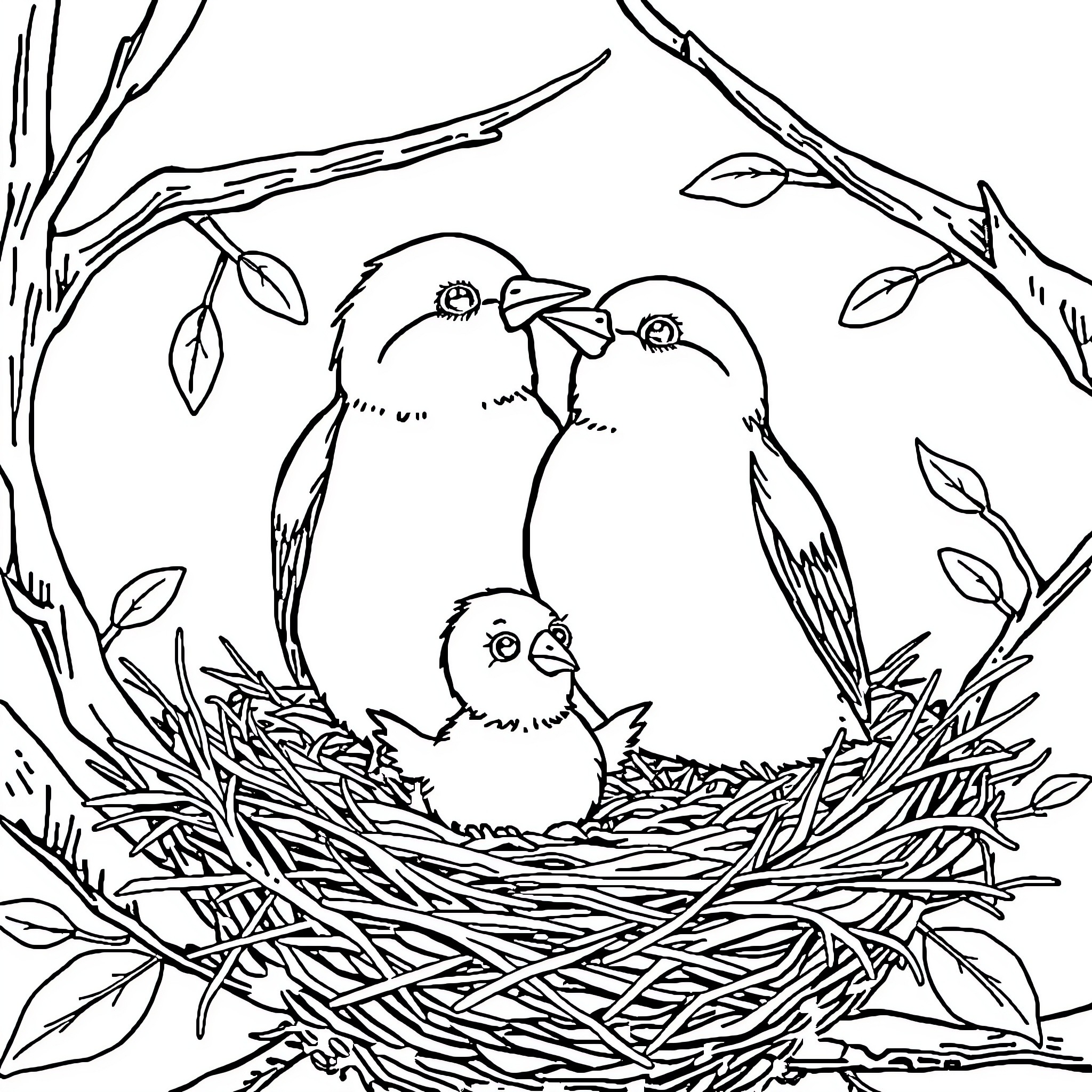 Bird parents with baby in a nest Coloring Page (free black-and-white line drawing printable PDF for all, from beginners to advanced learners, including children, teens, adults, and seniors)