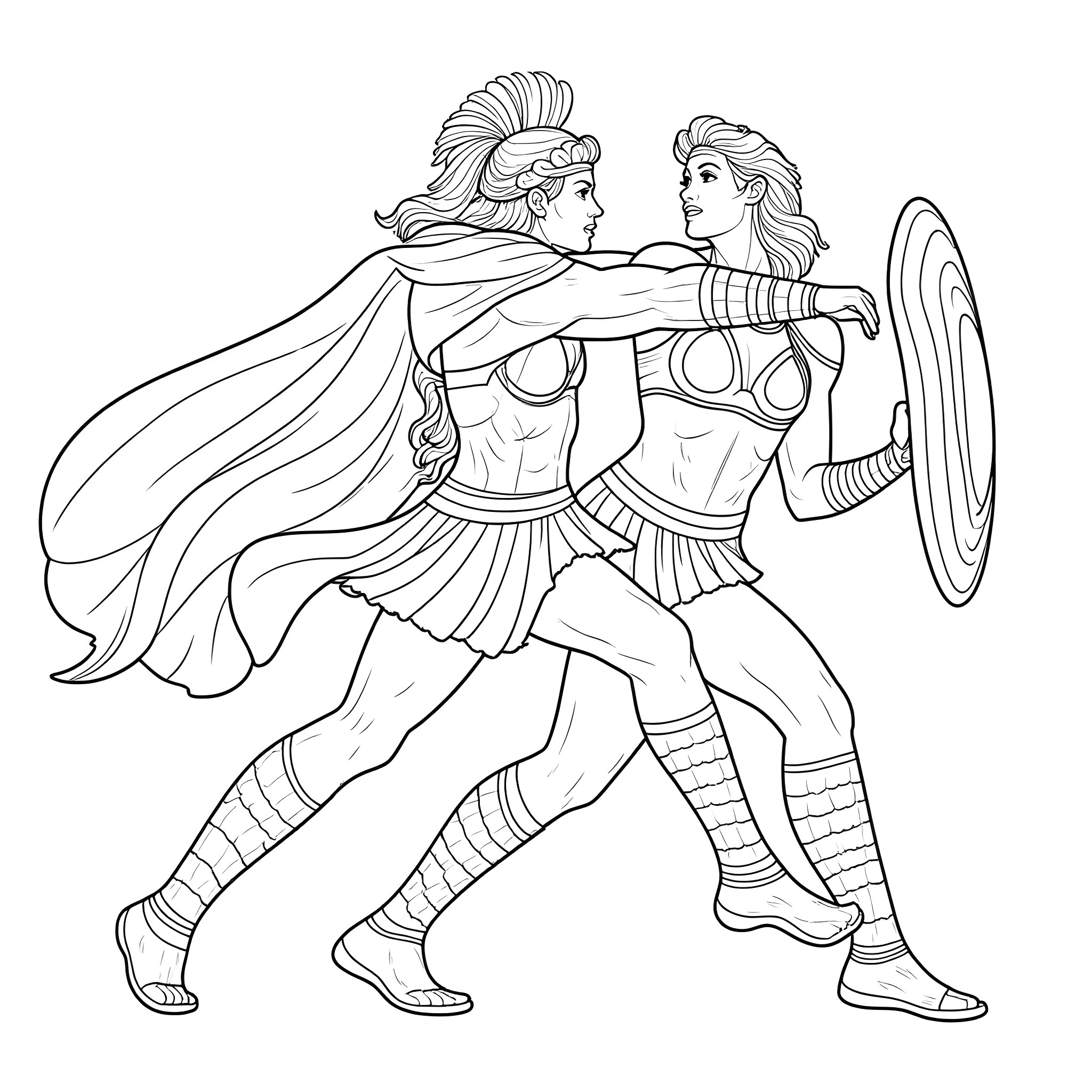Amazon warriors in combat pose Coloring Page (free black-and-white line drawing printable PDF for all, from beginners to advanced learners, including children, teens, adults, and seniors)