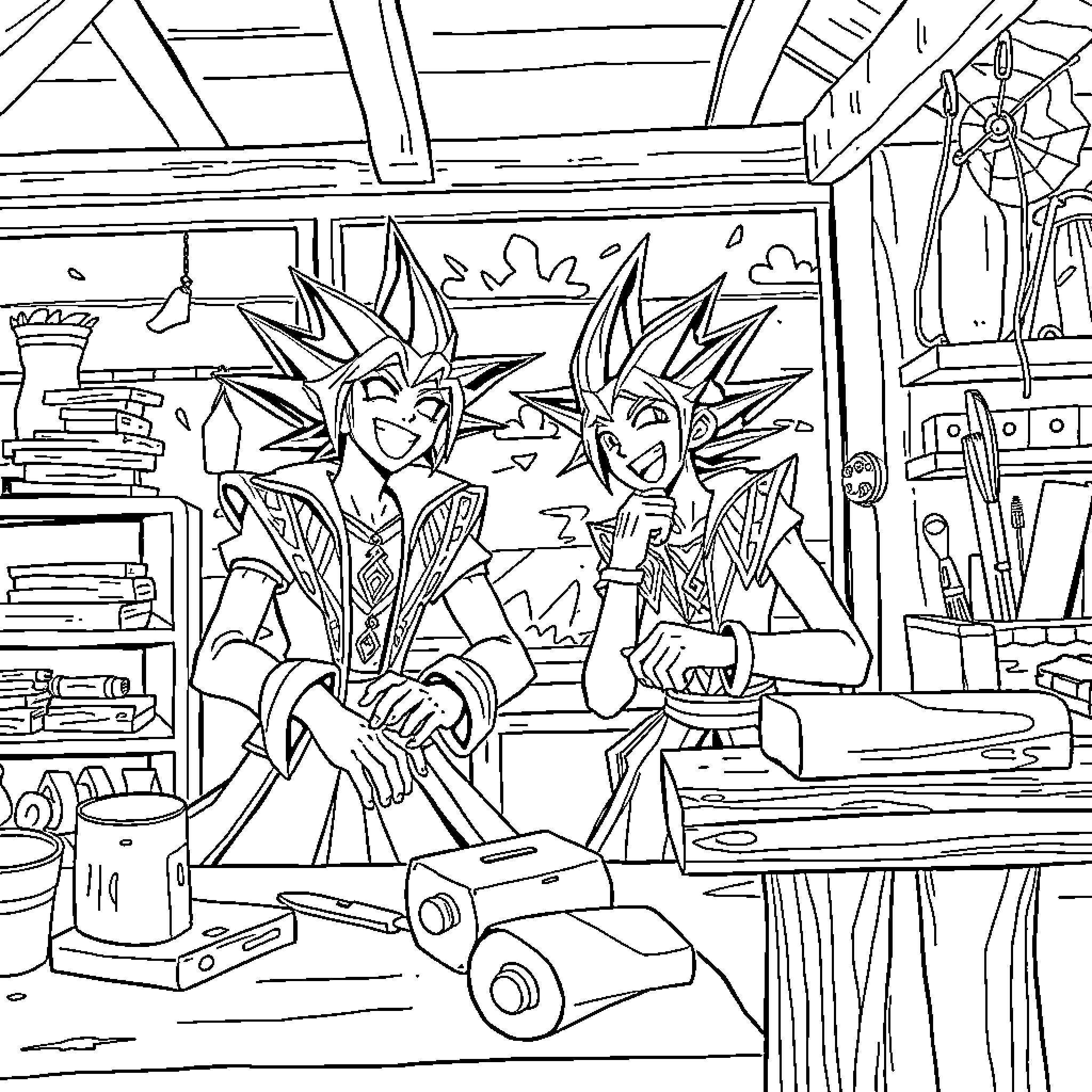 Pharaoh's workshop with ancient artifacts and tools Coloring Page (free black-and-white line drawing printable PDF for all, from beginners to advanced learners, including children, teens, adults, and seniors)