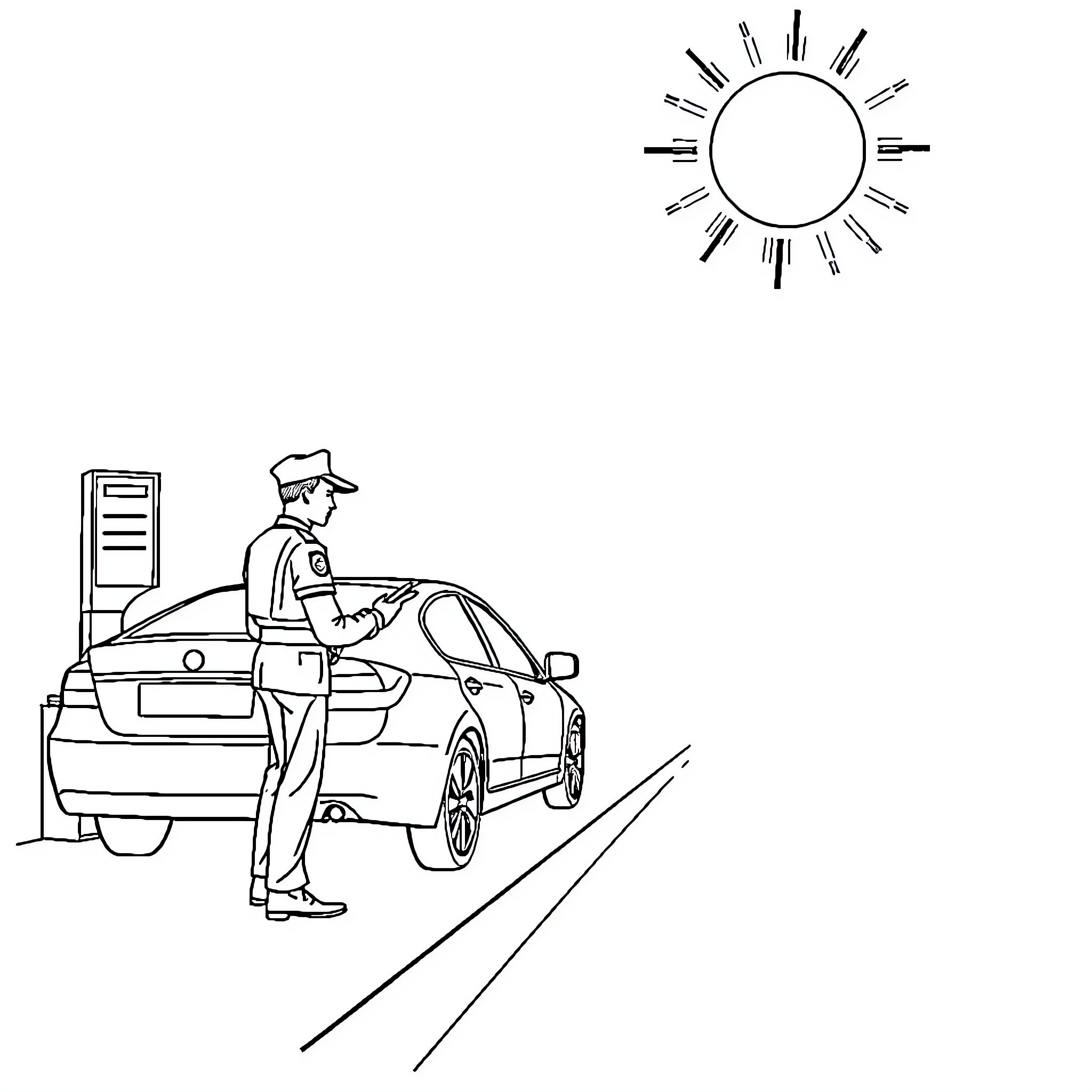 Officer assisting person by police vehicle on sunny day Coloring Page (free black-and-white line drawing printable PDF for all, from beginners to advanced learners, including children, teens, adults, and seniors)