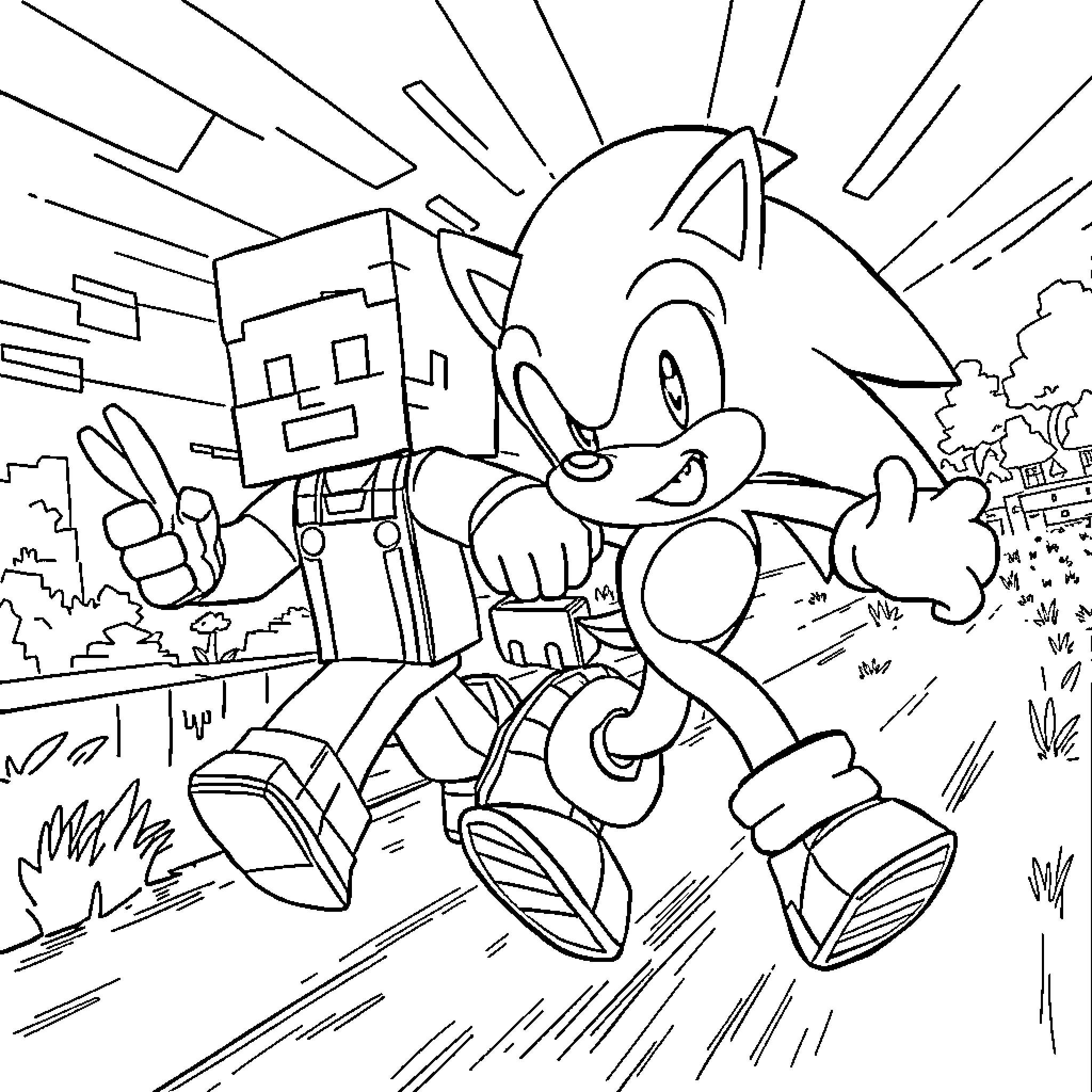 Sonic Dashing Through the Cityscape Coloring Page (free black-and-white line drawing printable PDF for all, from beginners to advanced learners, including children, teens, adults, and seniors)