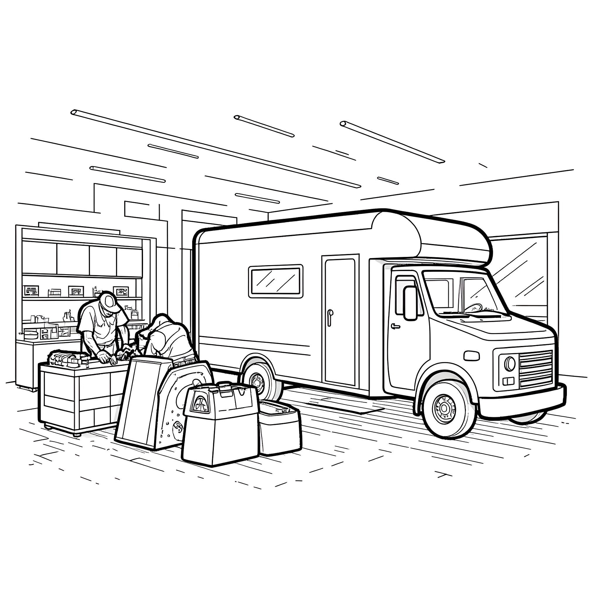 Service Trailer with Unloading Workers Coloring Page (free black-and-white line drawing printable PDF for all, from beginners to advanced learners, including children, teens, adults, and seniors)