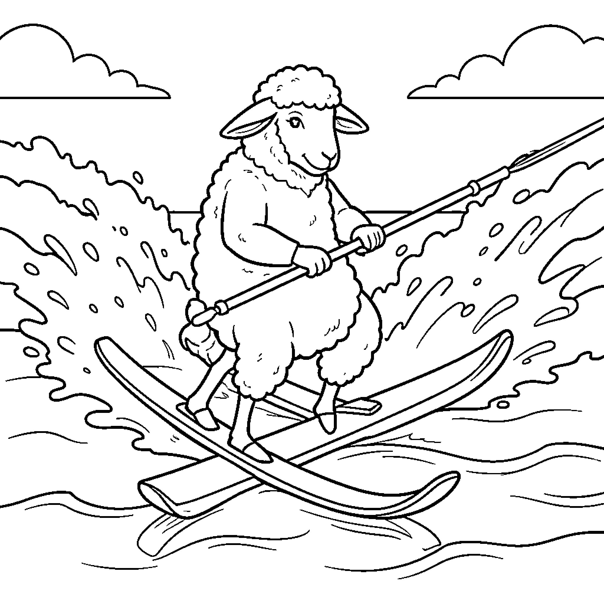 Mouton water skiing across ocean waves Coloring Page (free black-and-white line drawing printable PDF for all, from beginners to advanced learners, including children, teens, adults, and seniors)