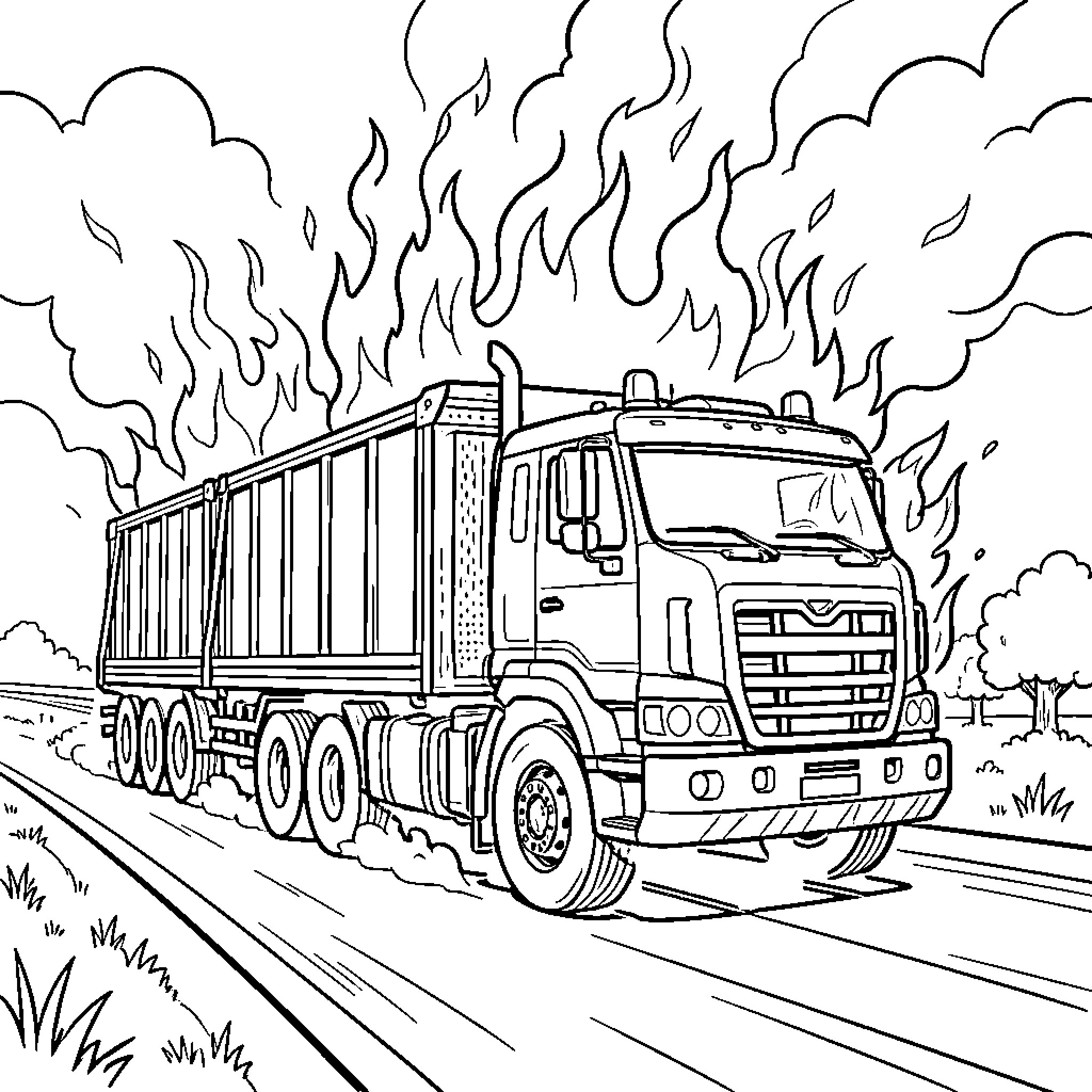 Camion transporting goods on a rural road Coloring Page (free black-and-white line drawing printable PDF for all, from beginners to advanced learners, including children, teens, adults, and seniors)