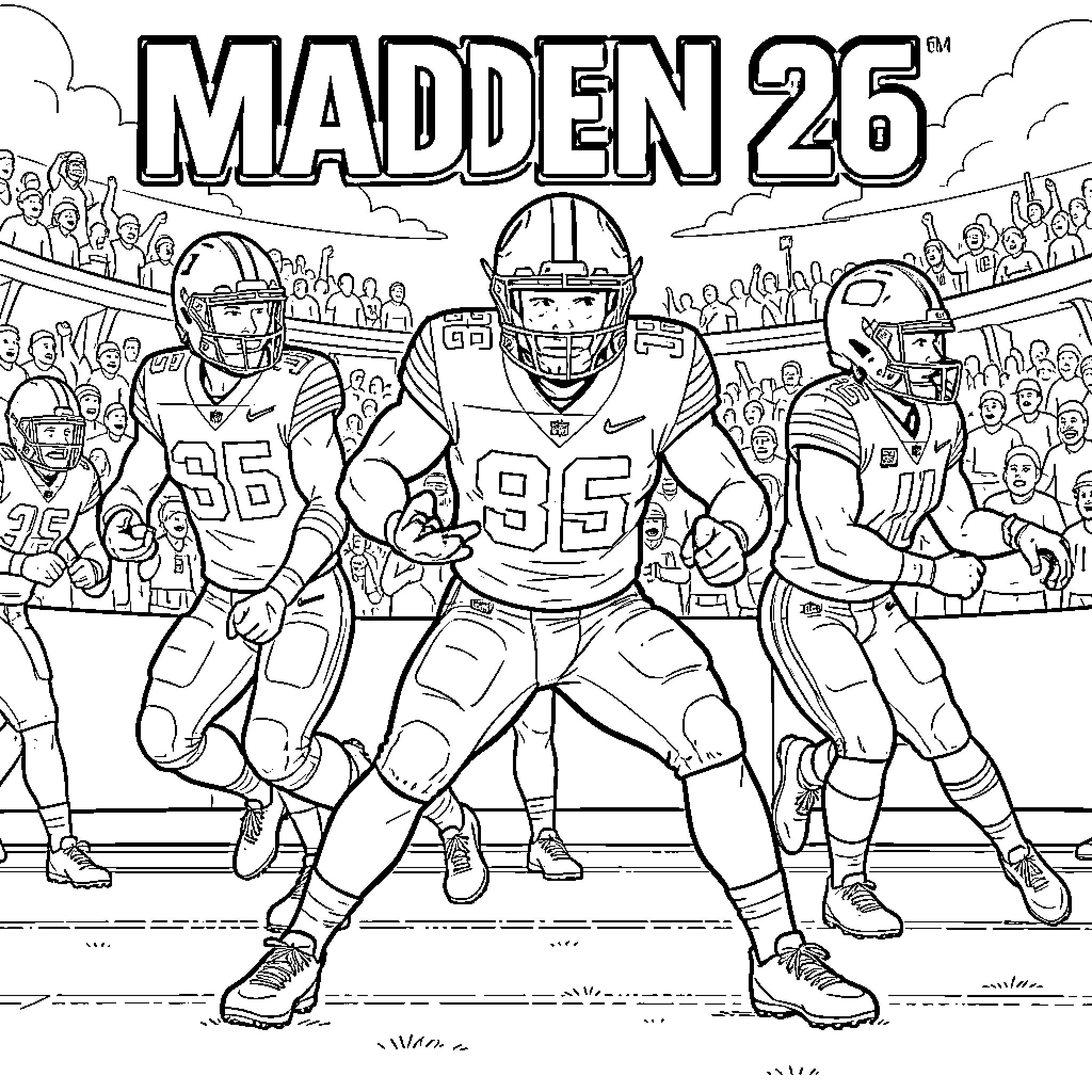 Browns football players preparing for intense action on field Coloring Page (free black-and-white line drawing printable PDF for all, from beginners to advanced learners, including children, teens, adults, and seniors)