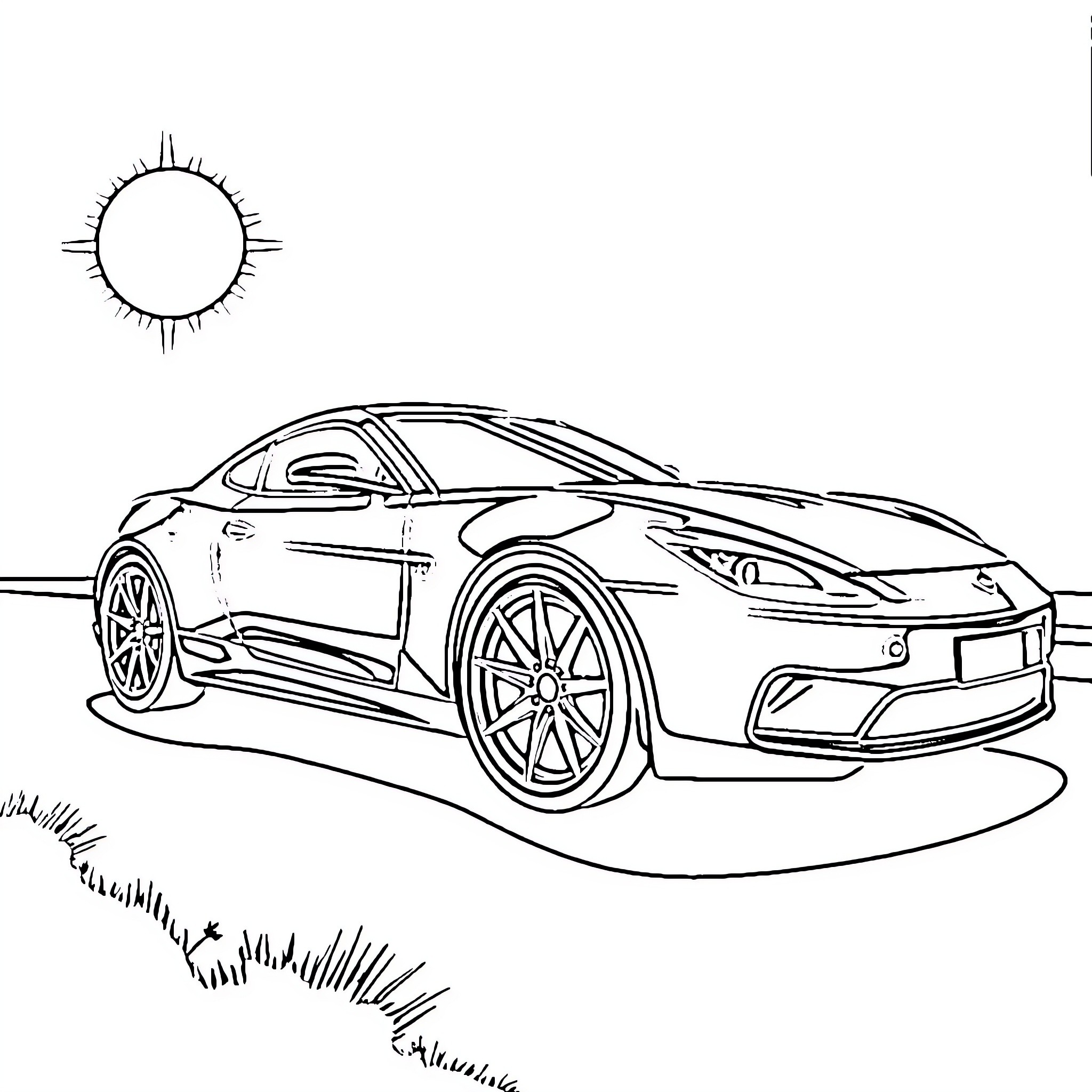 Sports Car Parked on Grassy Field Coloring Page (free black-and-white line drawing printable PDF for all, from beginners to advanced learners, including children, teens, adults, and seniors)