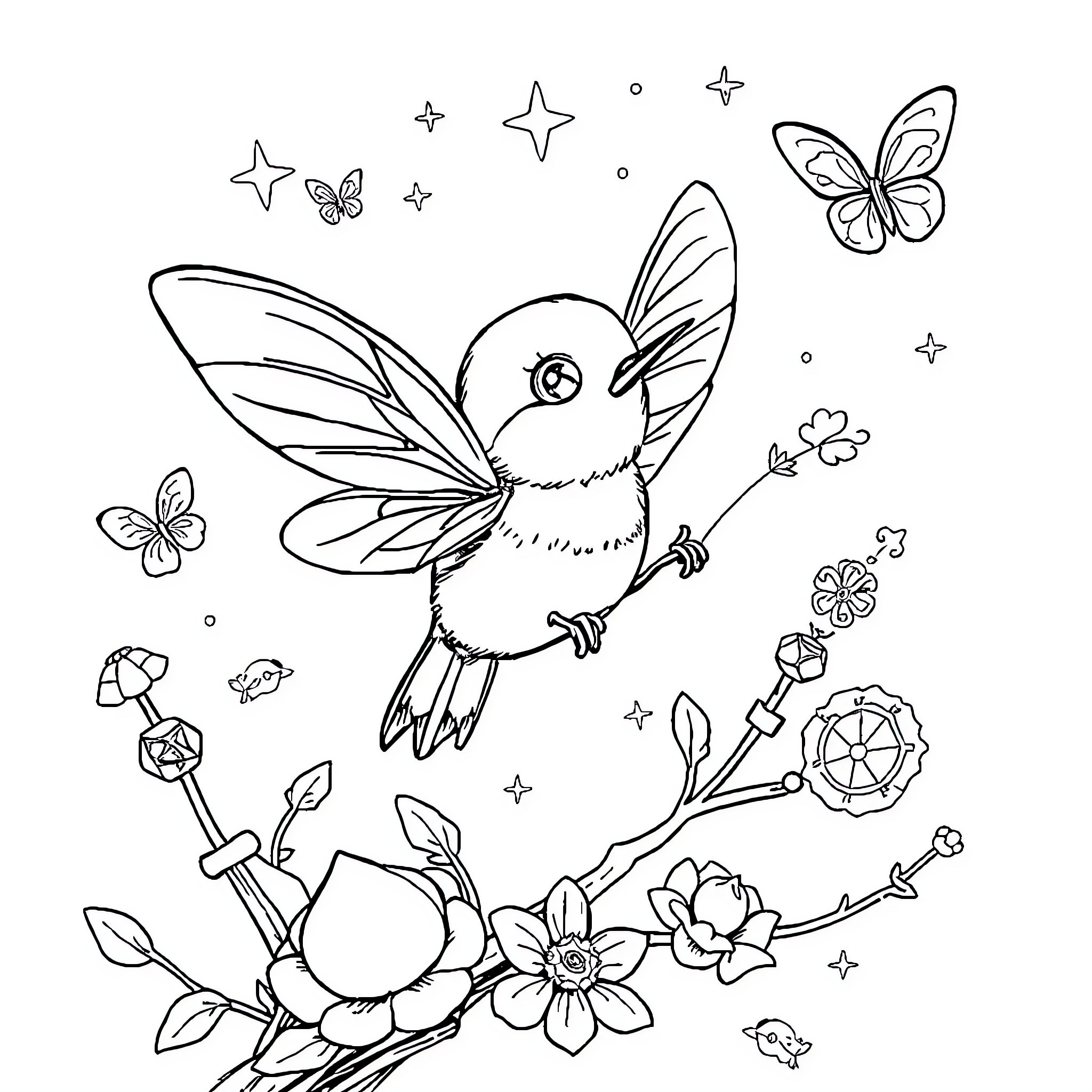Ladybug flying amidst floral and butterfly scene Coloring Page (free black-and-white line drawing printable PDF for all, from beginners to advanced learners, including children, teens, adults, and seniors)