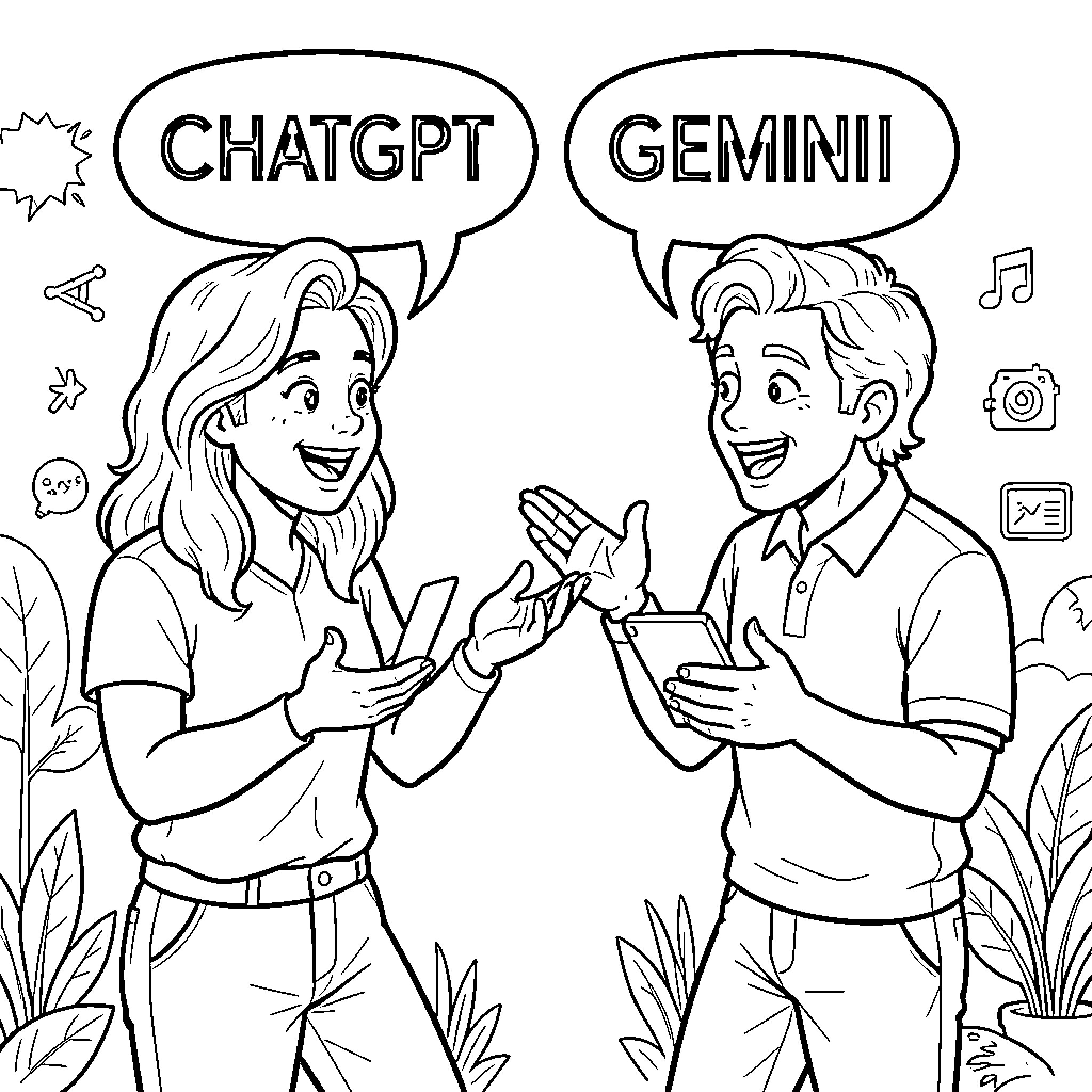 ChatGPT and Gemini Converse Cheerfully Coloring Page (free black-and-white line drawing printable PDF for all, from beginners to advanced learners, including children, teens, adults, and seniors)